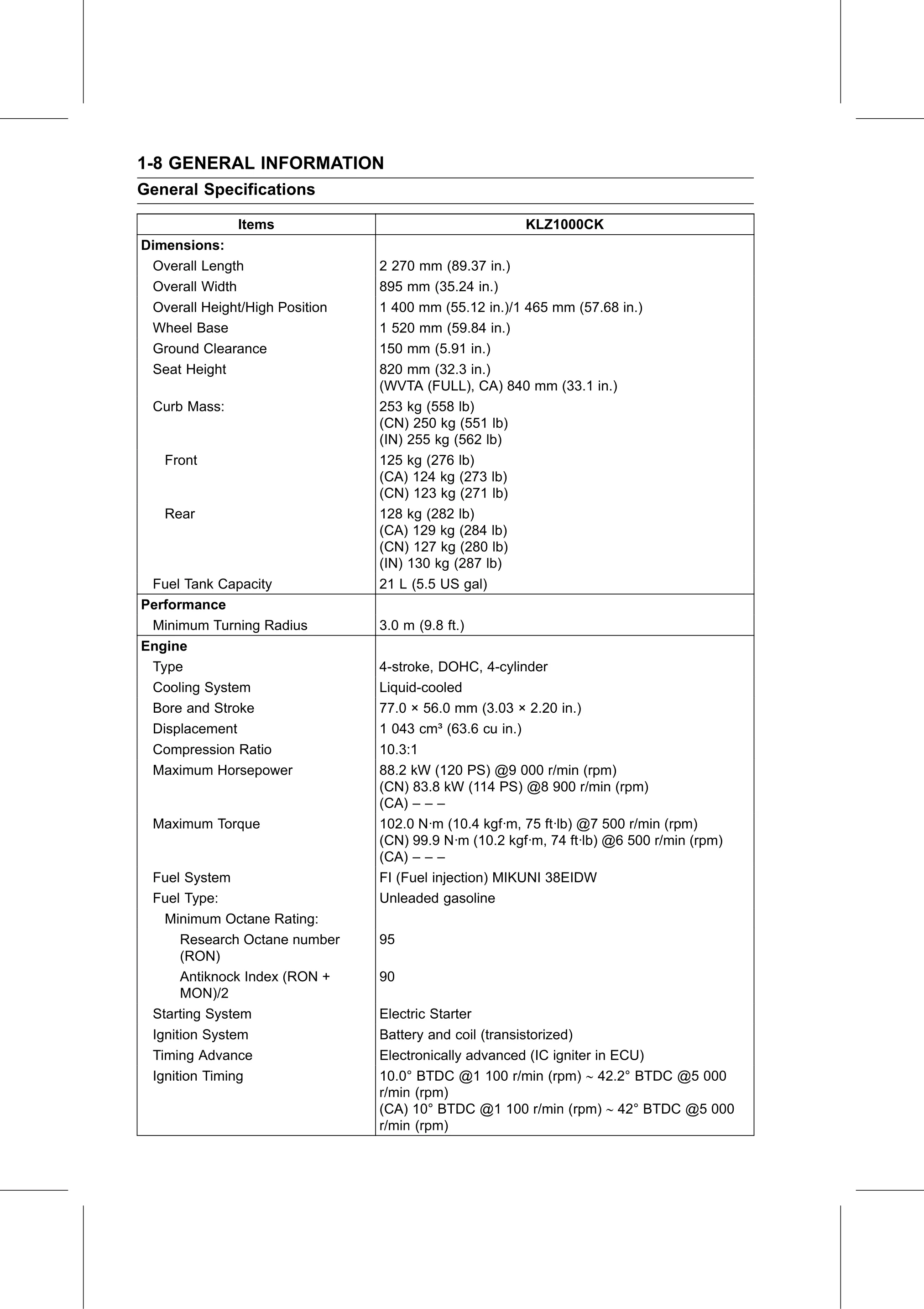 Service Manual (KLZ1000C) page 18 — General Information › General Specifications
