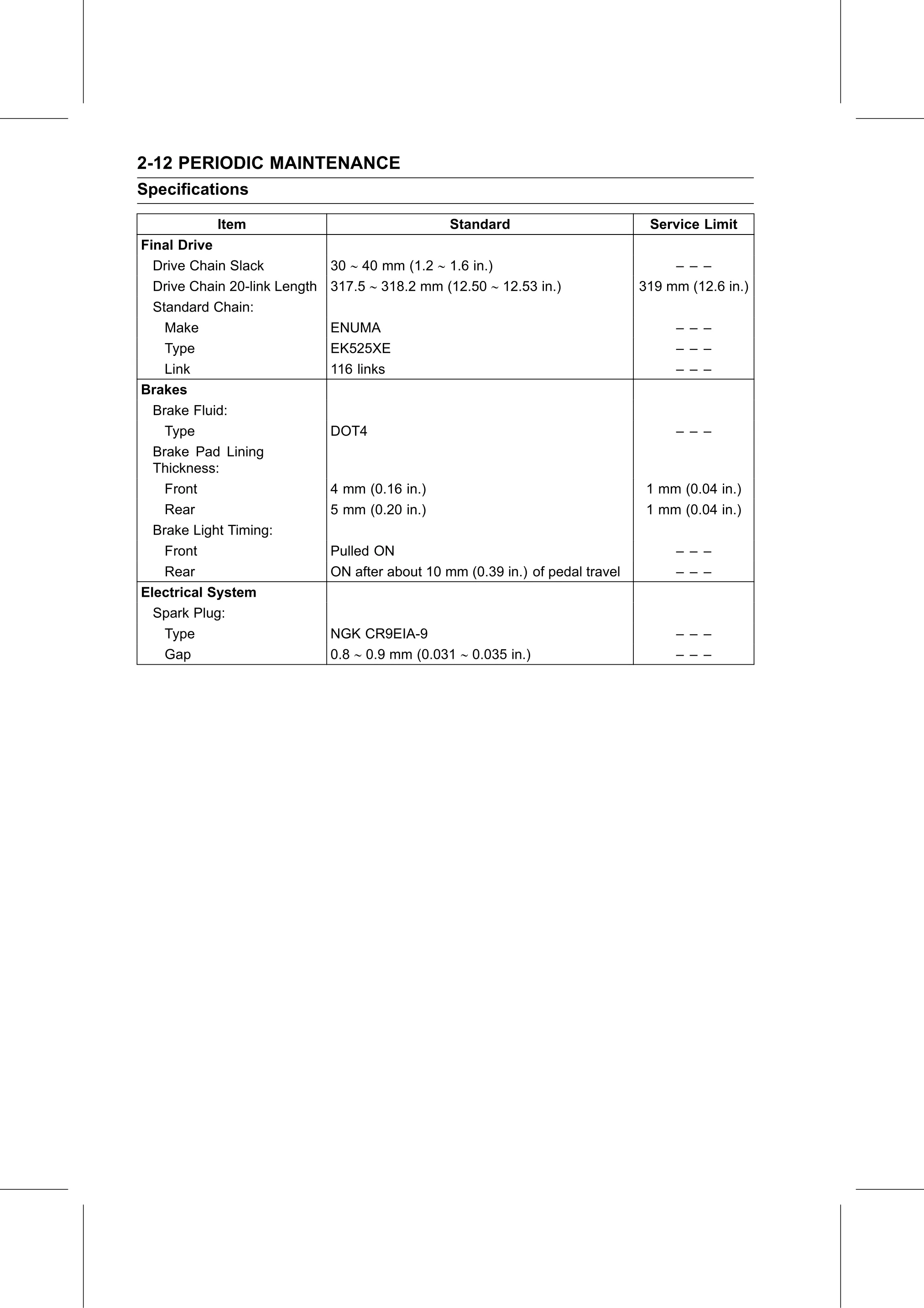 Service Manual (KLZ1000C) page 34 — Periodic Maintenance › Specifications