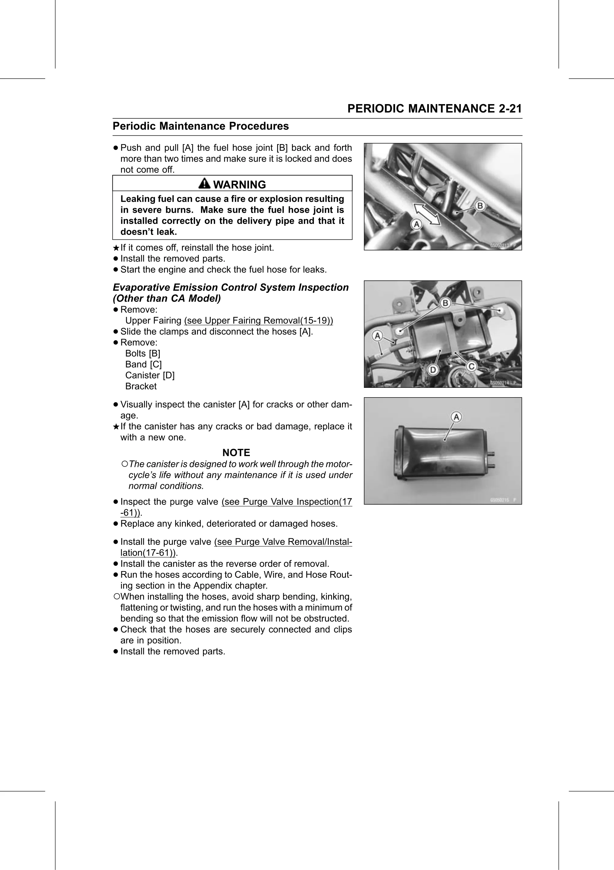 Service Manual (KLZ1000C) page 43 — Periodic Maintenance › Evaporative Emission Control System Inspection (Other than CA Model)