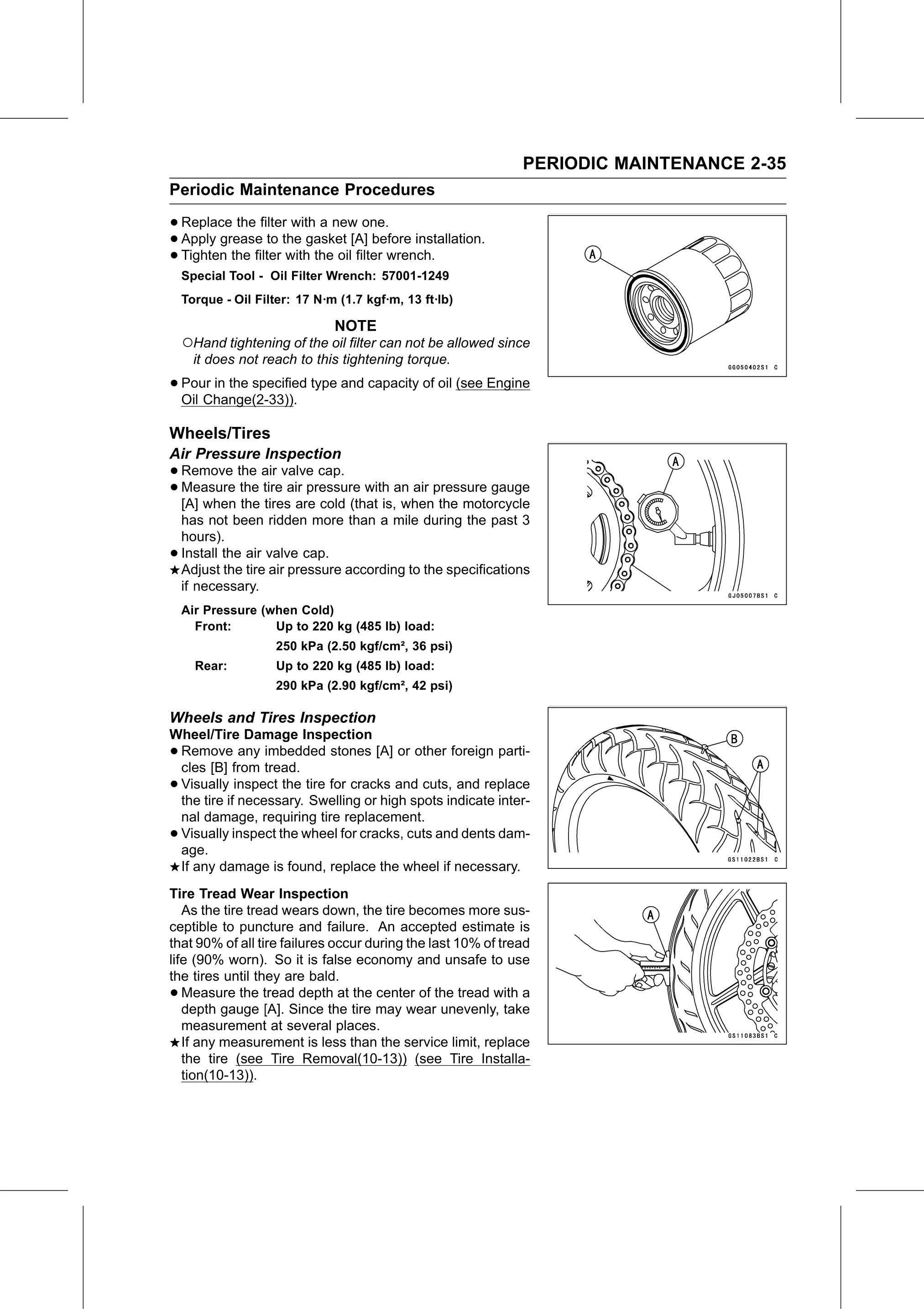 Service Manual (KLZ1000C) page 57 — Periodic Maintenance › Wheels and Tires Inspection