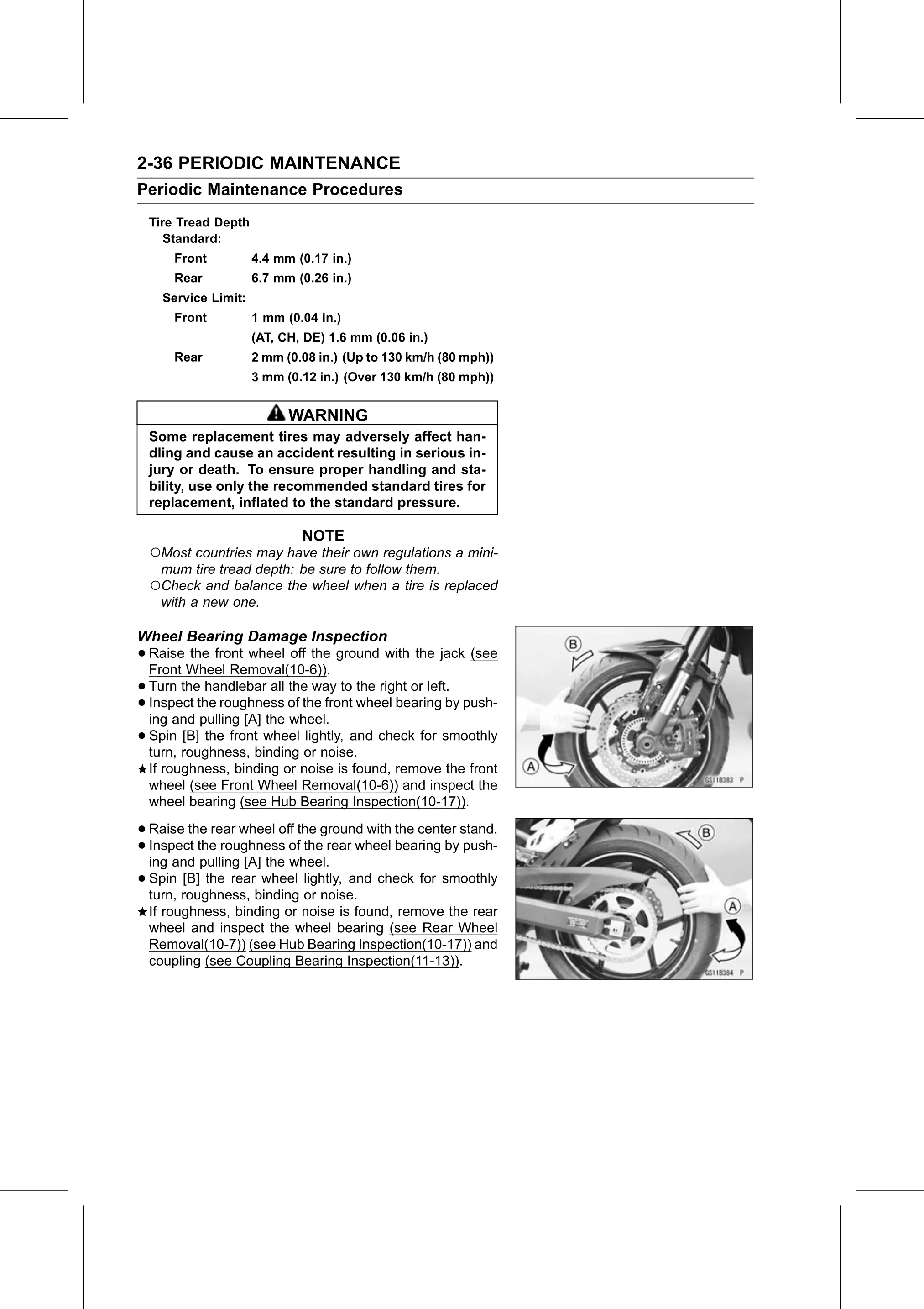 Service Manual (KLZ1000C) page 58 — Periodic Maintenance › Wheel Bearing Damage Inspection