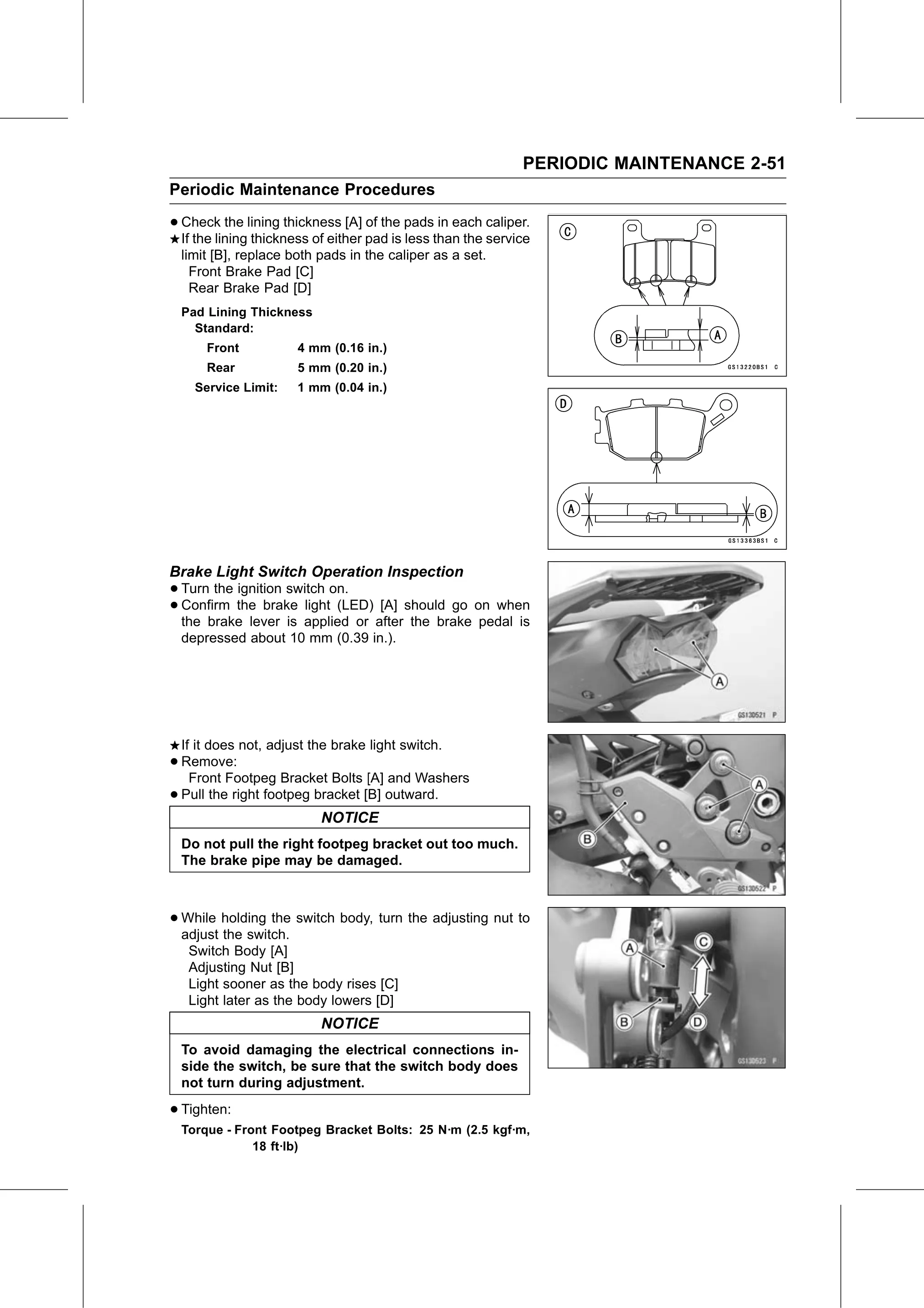 Service Manual (KLZ1000C) page 73 — Periodic Maintenance › Brake Light Switch Operation Inspection