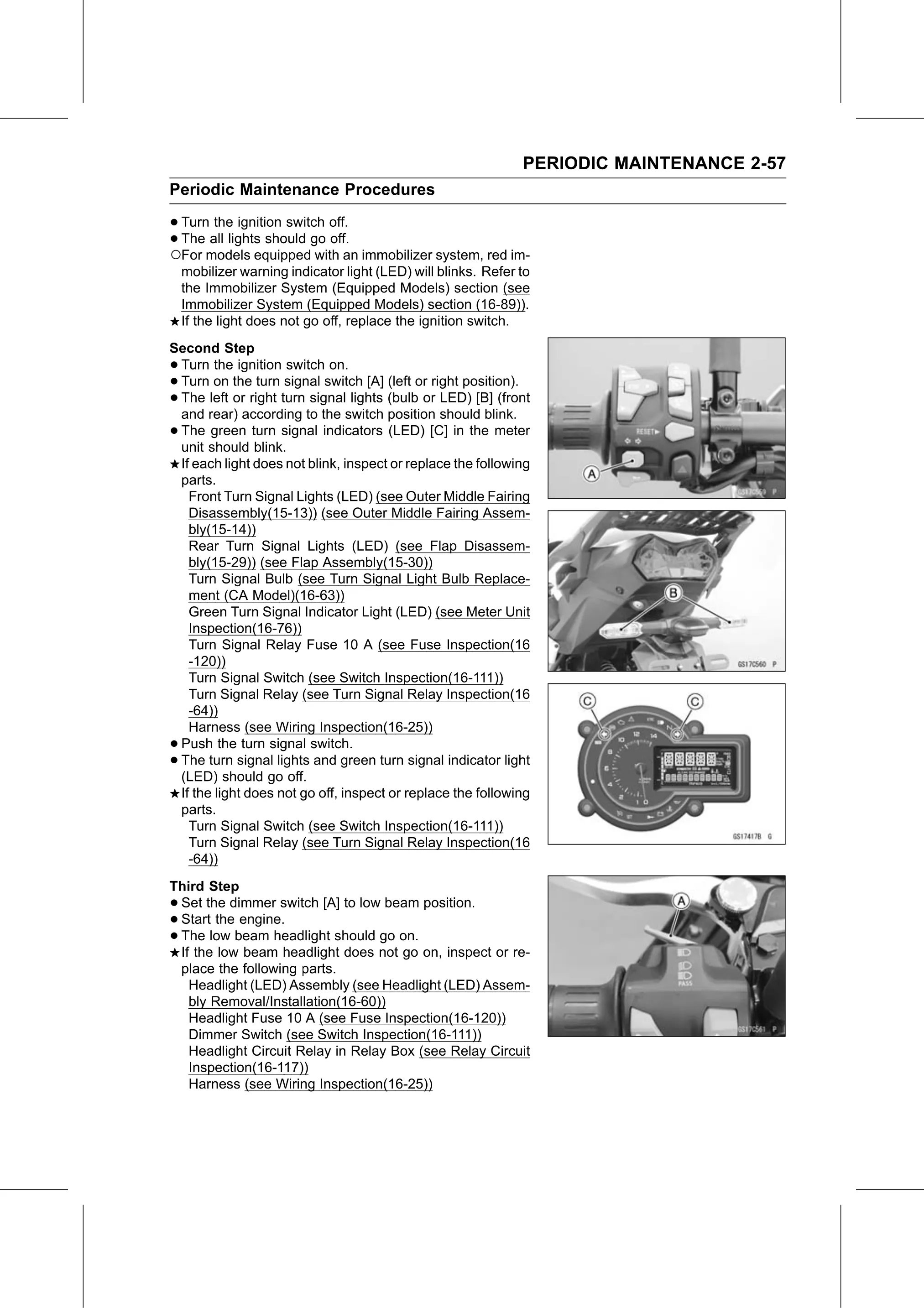 Service Manual (KLZ1000C) page 79 — Periodic Maintenance › Lights and Switches Operation Inspection