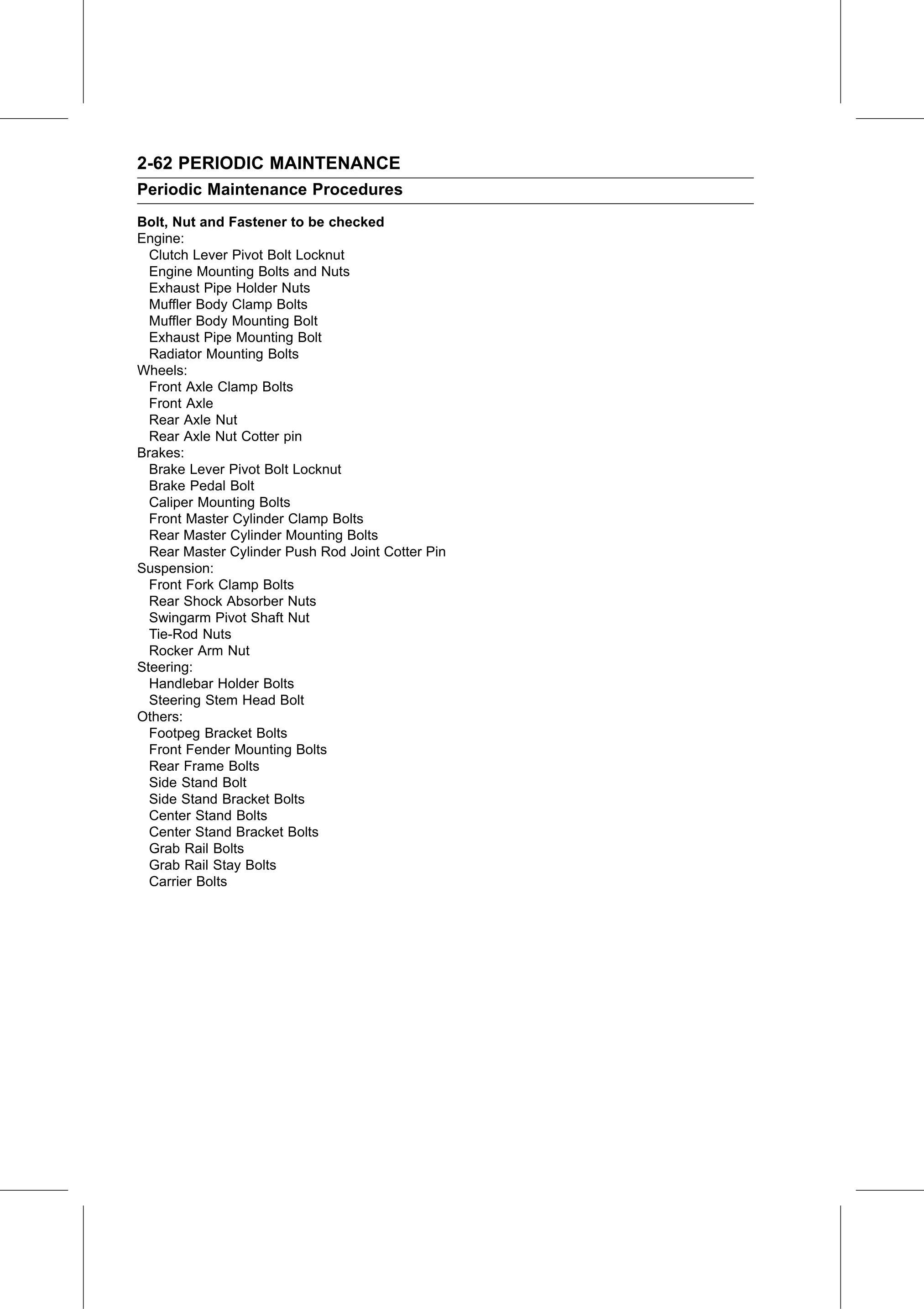 Service Manual (KLZ1000C) page 84 — Periodic Maintenance › Condition of Bolts, Nuts and Fasteners Tightness Inspection
