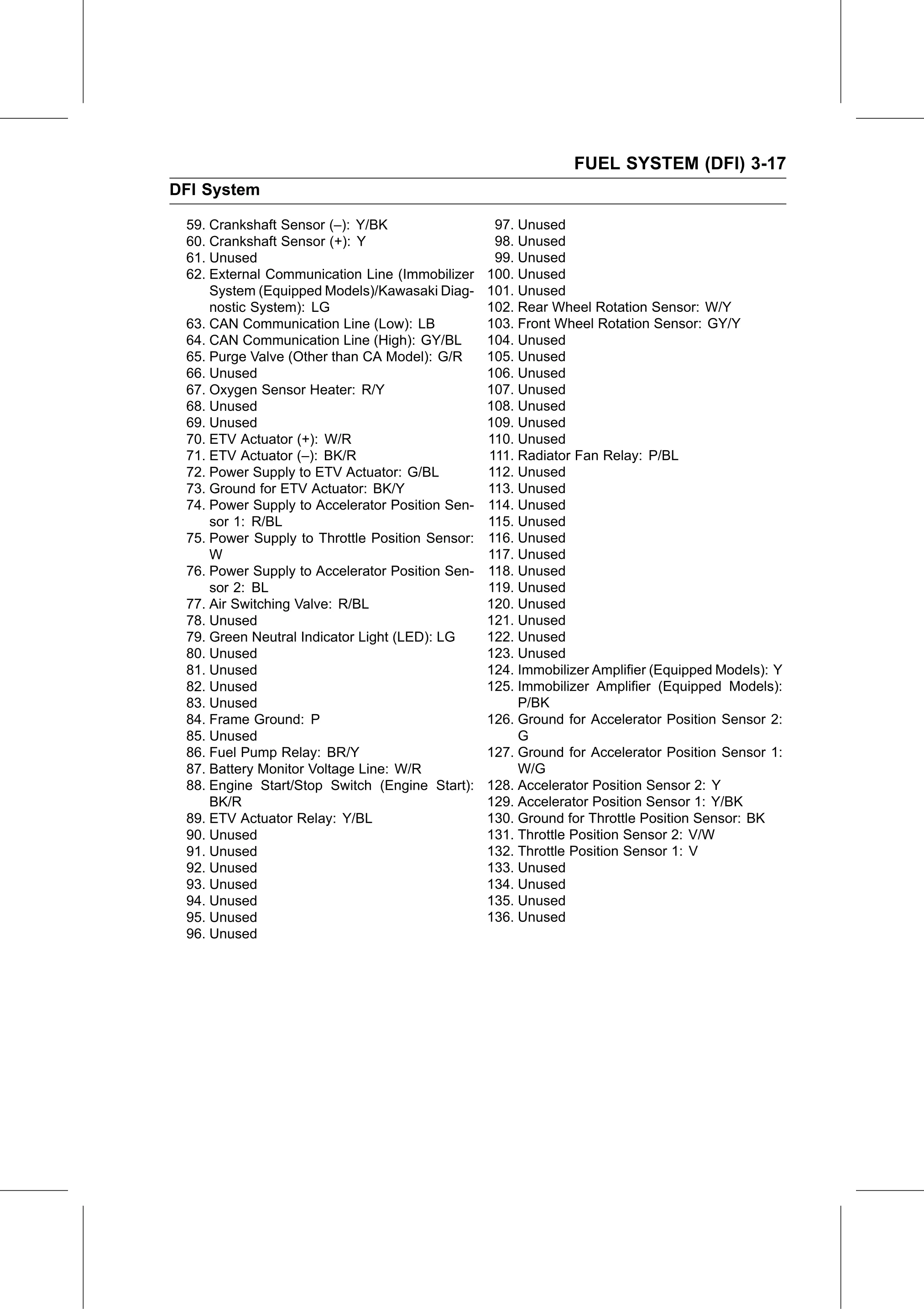 Service Manual (KLZ1000C) page 101 — Fuel System (DFI) › Terminal Numbers of ECU Connectors