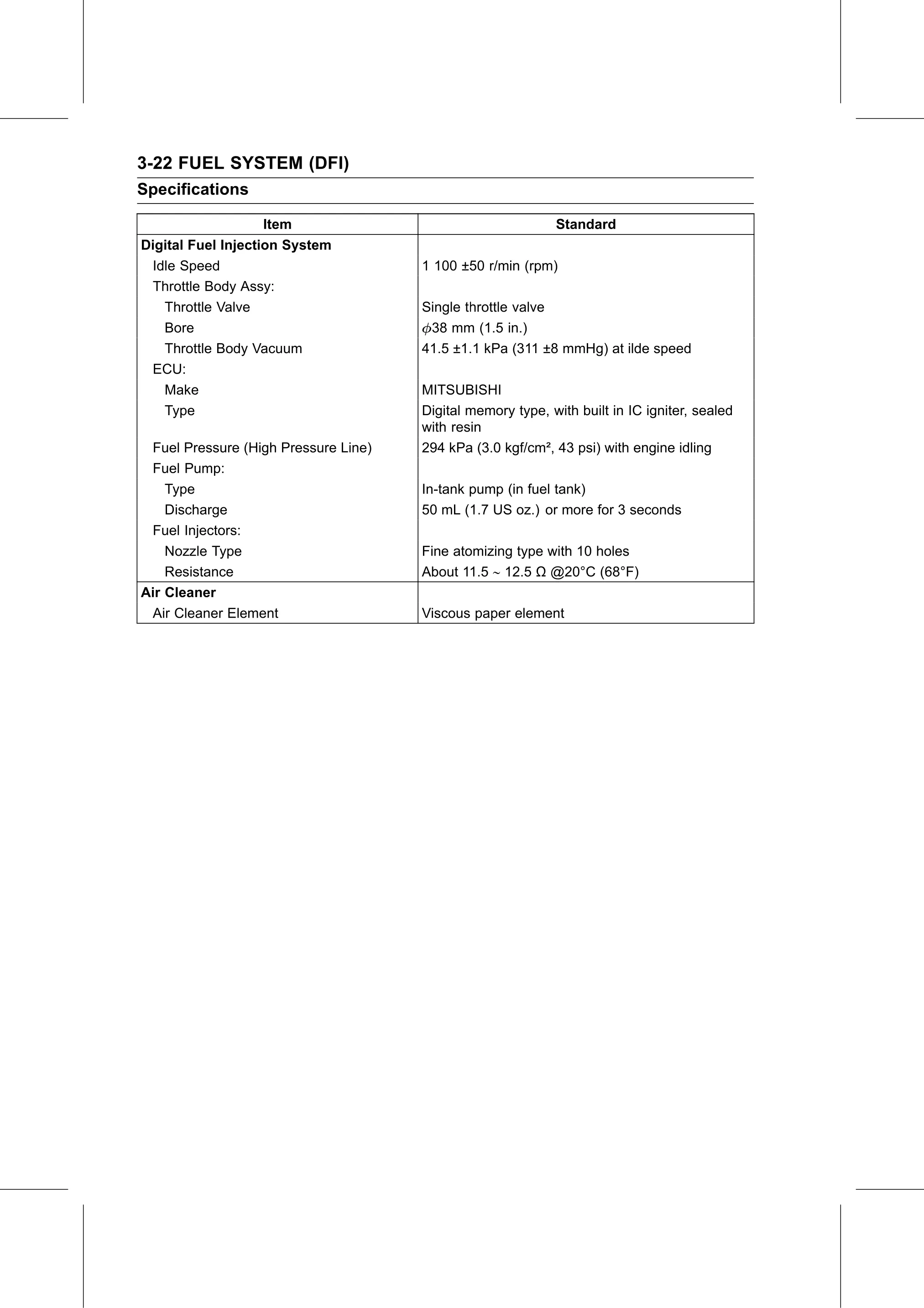 Service Manual (KLZ1000C) page 106 — Fuel System (DFI) › Specifications