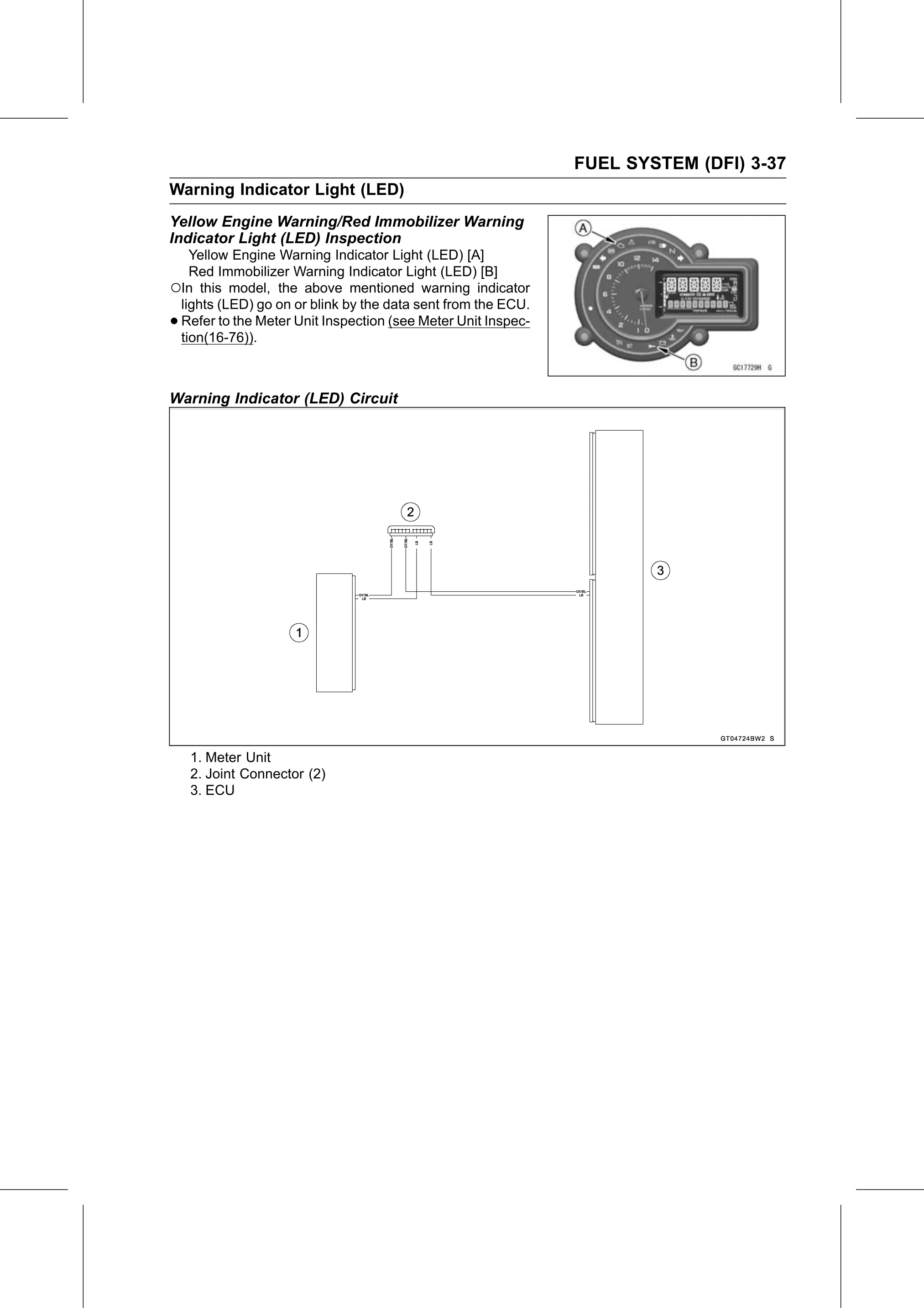 Service Manual (KLZ1000C) page 121 — Fuel System (DFI) › Warning Indicator (LED) Circuit