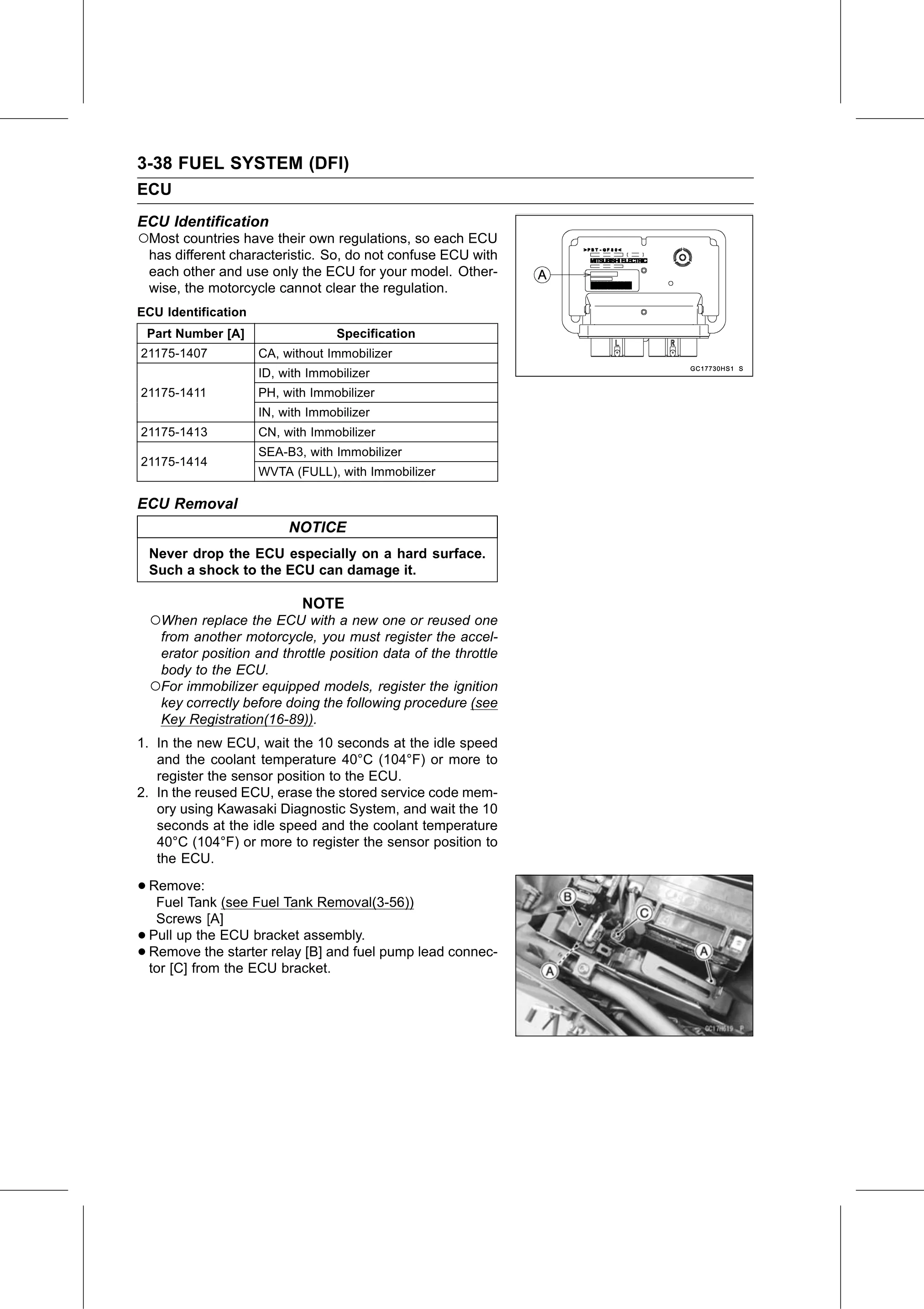 Service Manual (KLZ1000C) page 122 — Fuel System (DFI) › ECU Removal