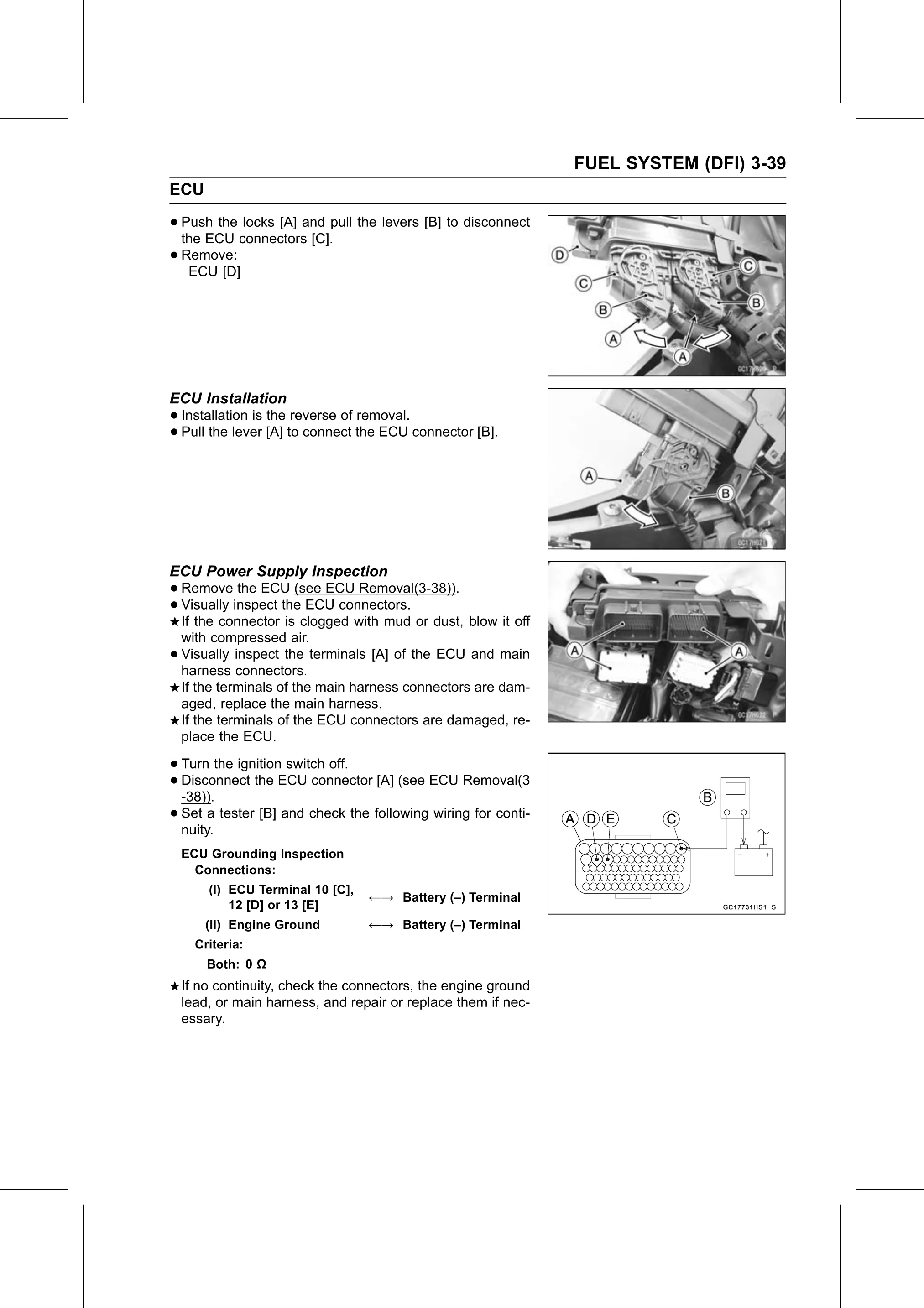 Service Manual (KLZ1000C) page 123 — Fuel System (DFI) › ECU Power Supply Inspection