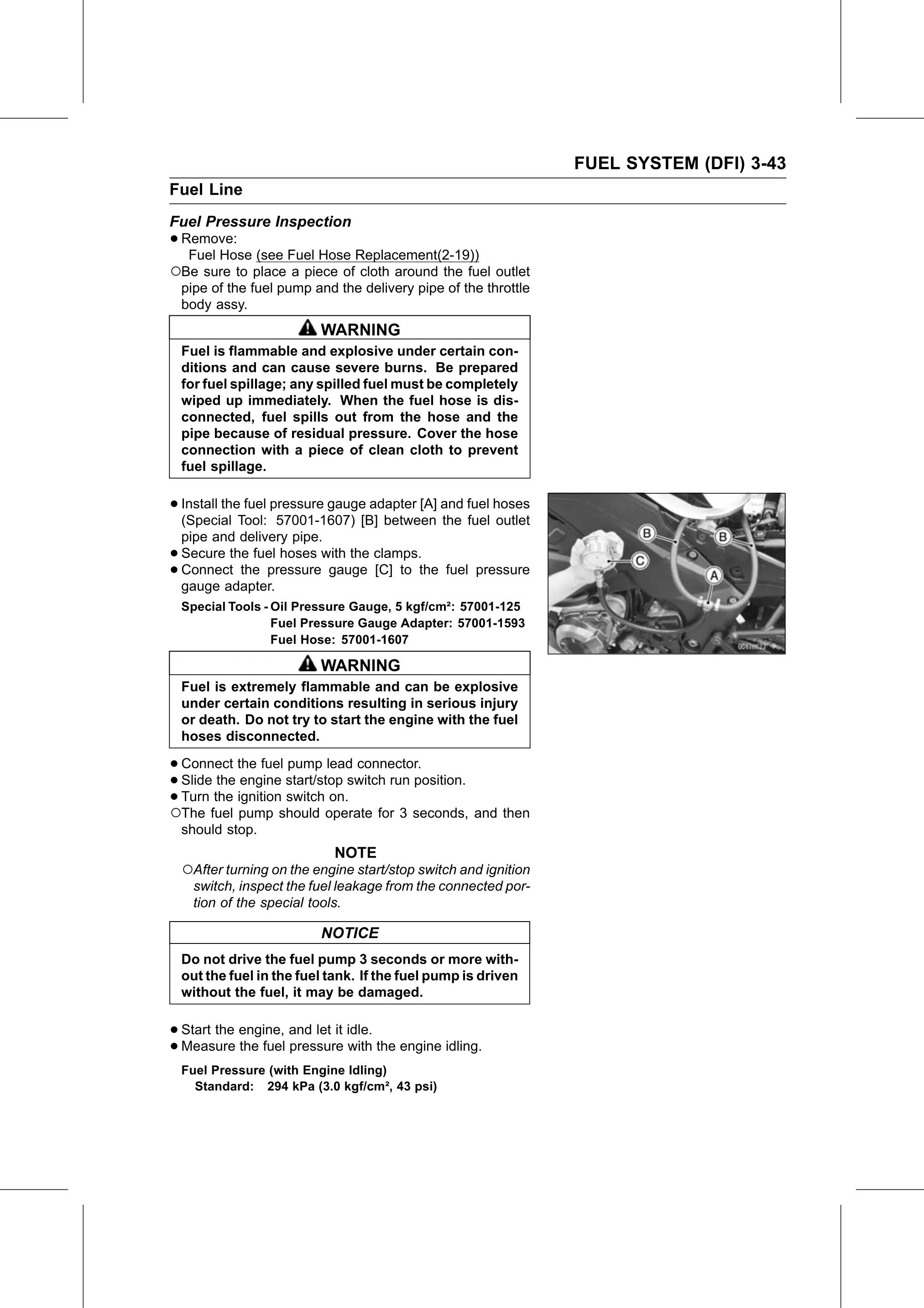 Service Manual (KLZ1000C) page 127 — Fuel System (DFI) › Fuel Pressure Inspection
