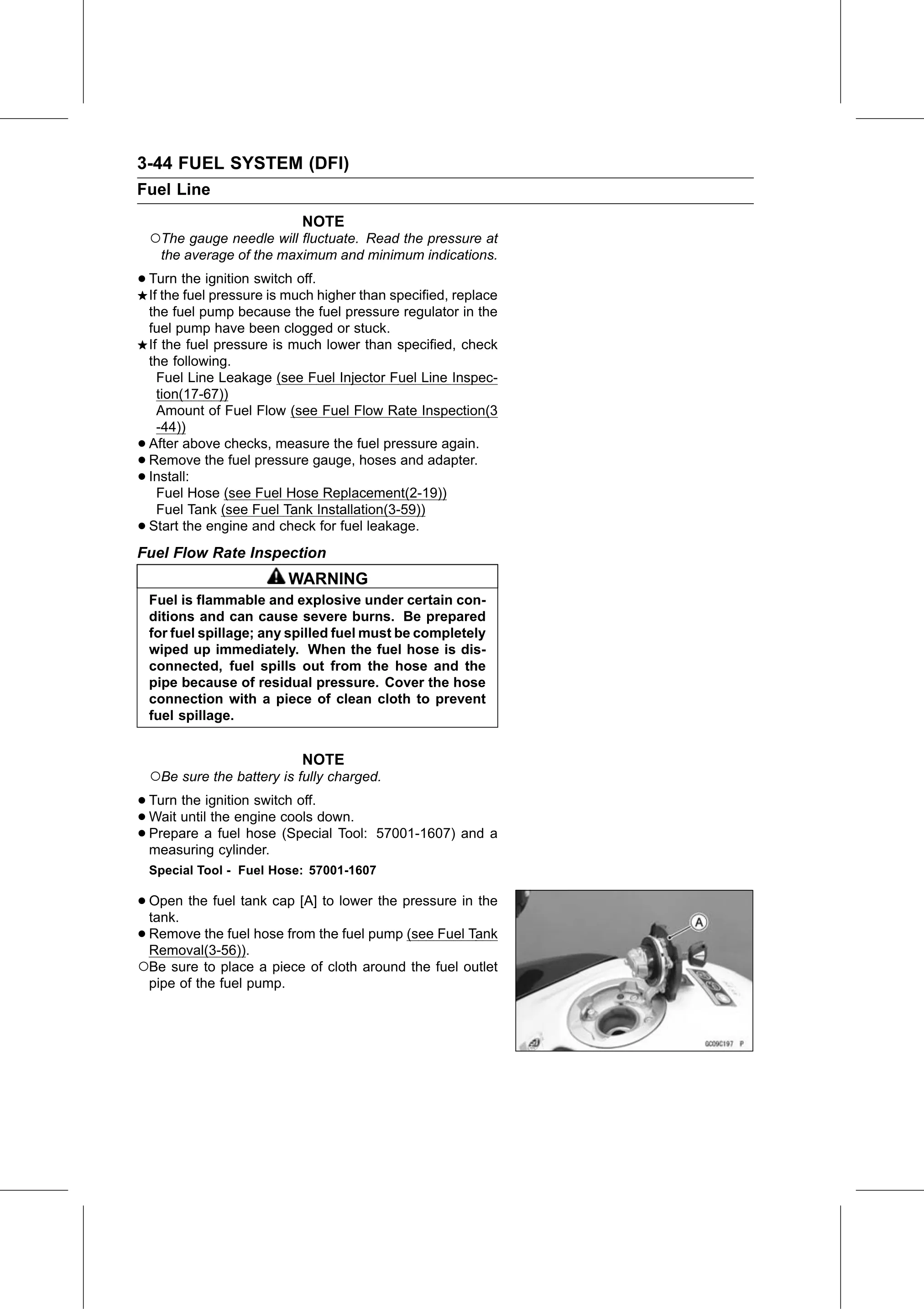 Service Manual (KLZ1000C) page 128 — Fuel System (DFI) › Fuel Flow Rate Inspection