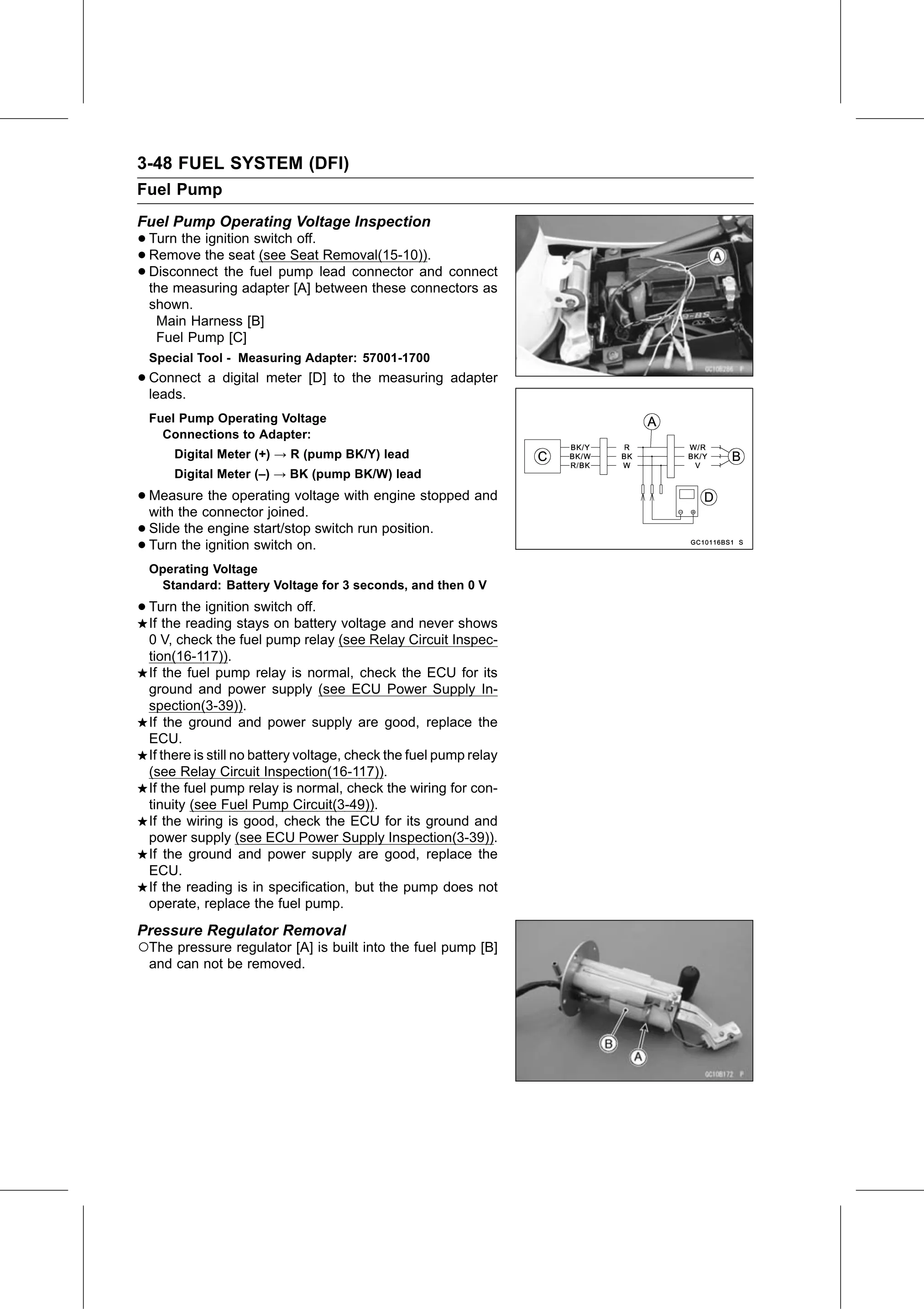 Service Manual (KLZ1000C) page 132 — Fuel System (DFI) › Pressure Regulator Removal