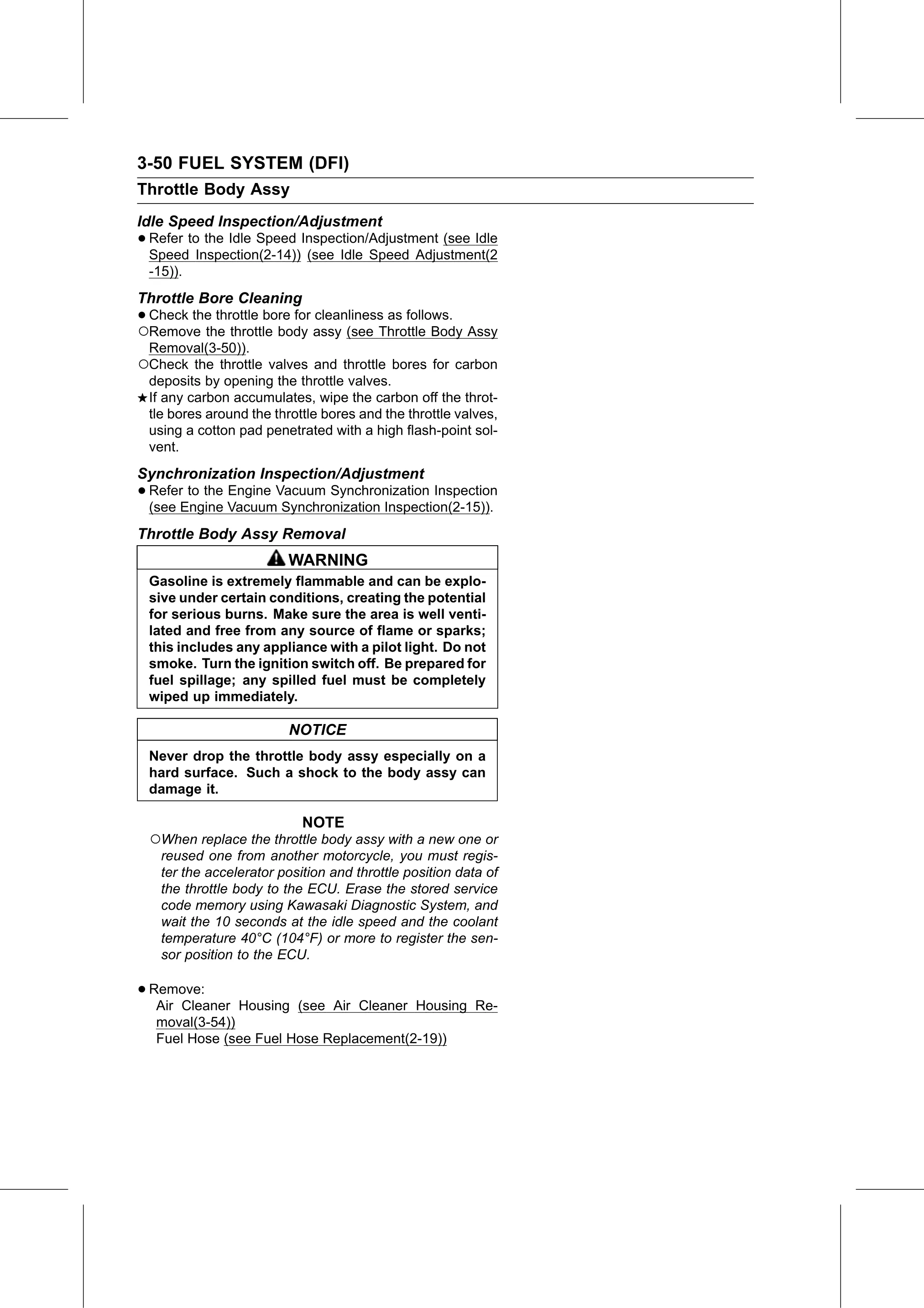 Service Manual (KLZ1000C) page 134 — Fuel System (DFI) › Throttle Body Assy Removal