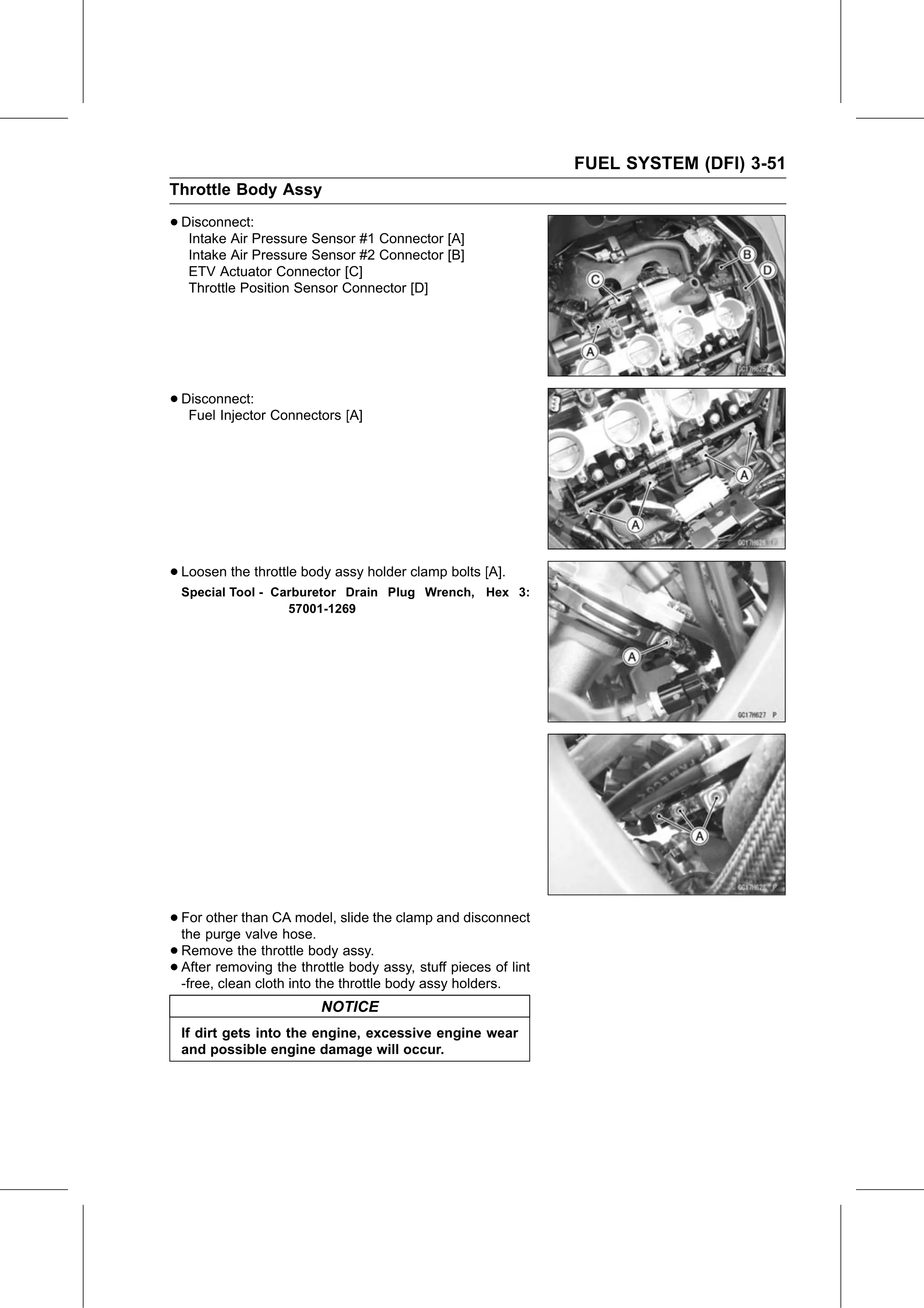 Service Manual (KLZ1000C) page 135 — Fuel System (DFI) › Throttle Body Assy Removal