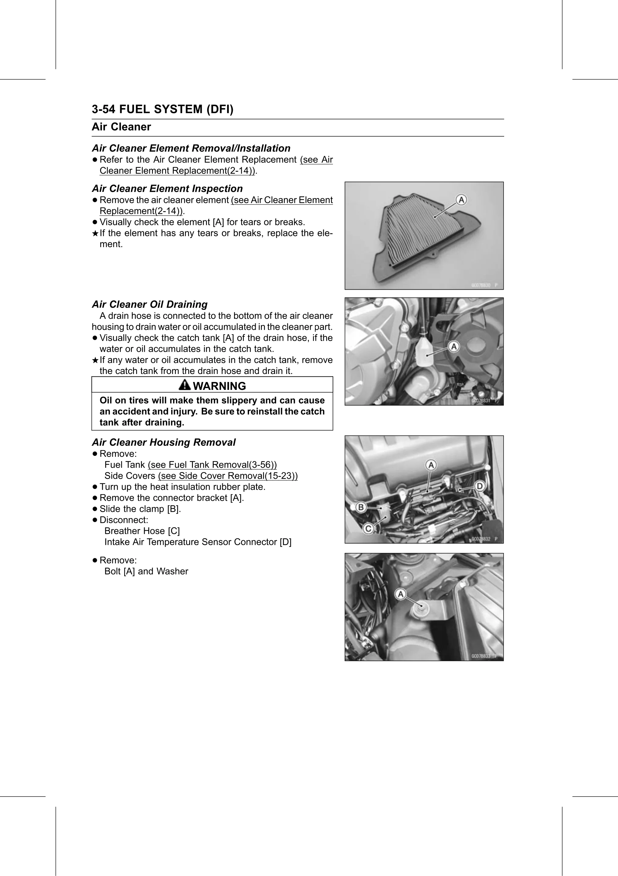 Service Manual (KLZ1000C) page 138 — Fuel System (DFI) › Air Cleaner Housing Removal