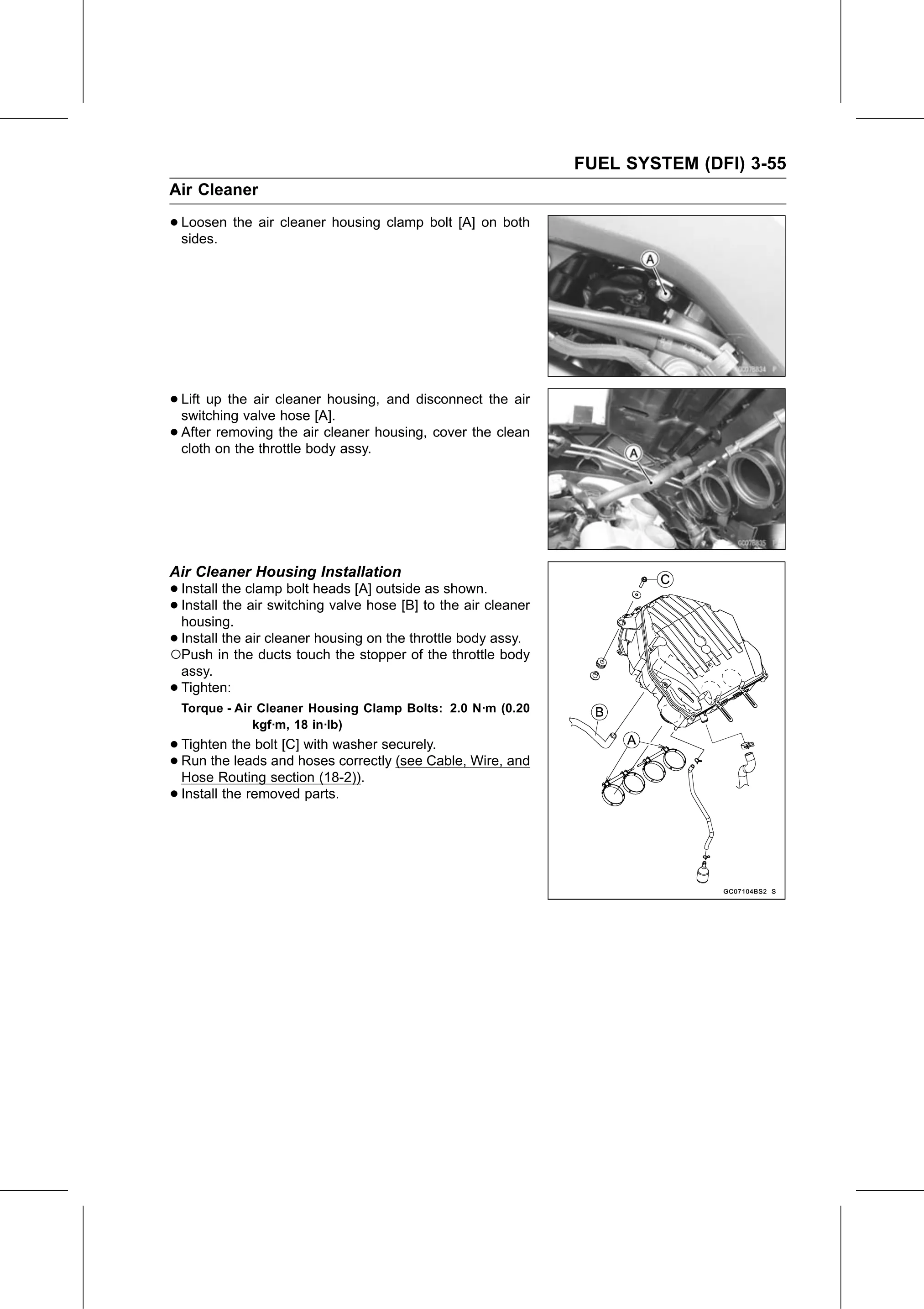 Service Manual (KLZ1000C) page 139 — Fuel System (DFI) › Air Cleaner Housing Installation