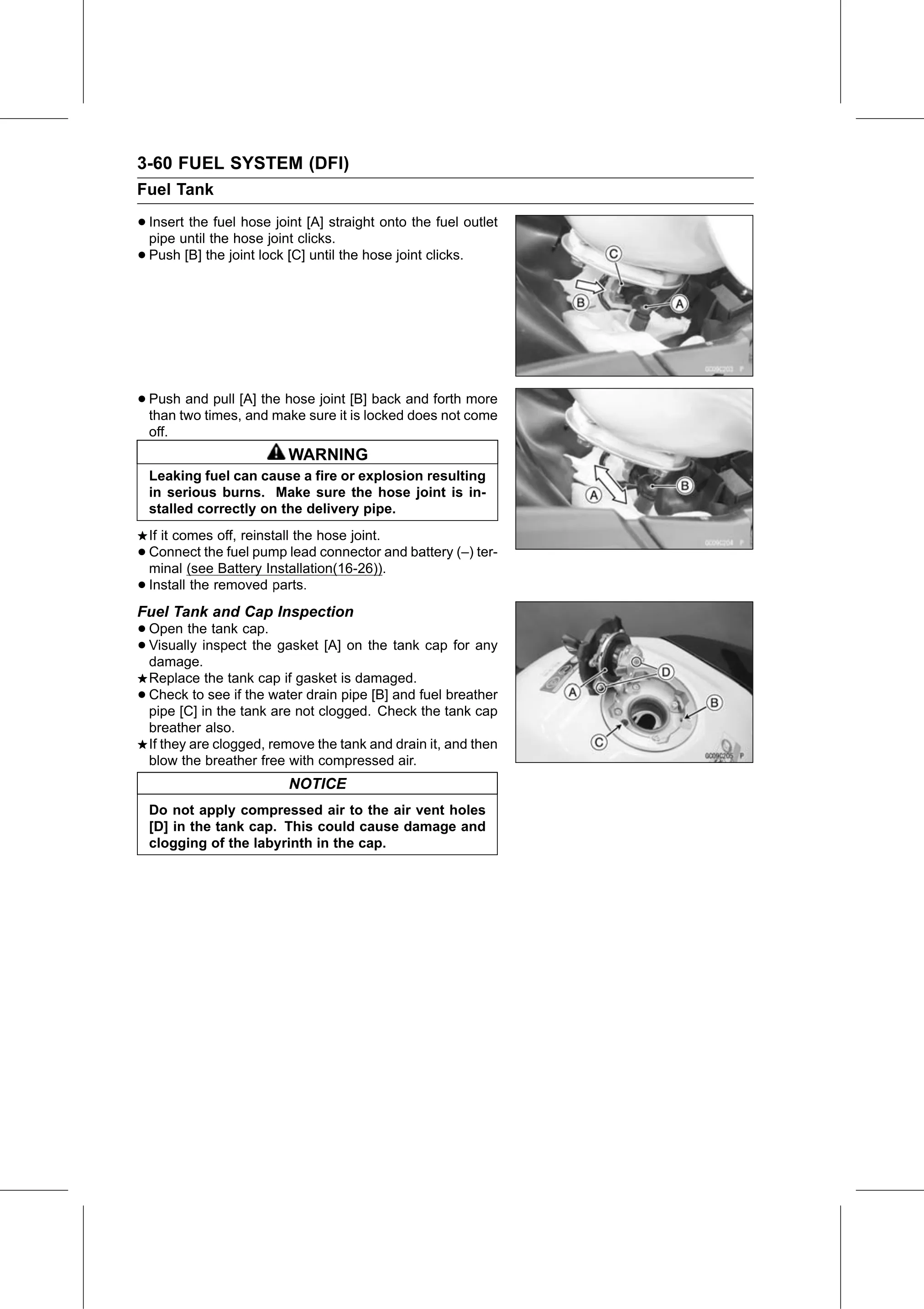 Service Manual (KLZ1000C) page 144 — Fuel System (DFI) › Fuel Tank and Cap Inspection