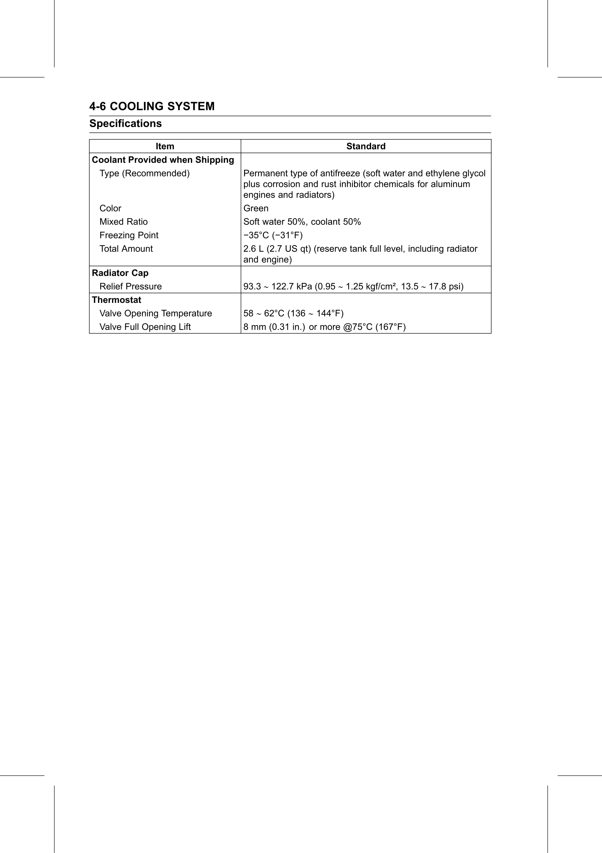 Service Manual (KLZ1000C) page 152 — Cooling System › Specifications