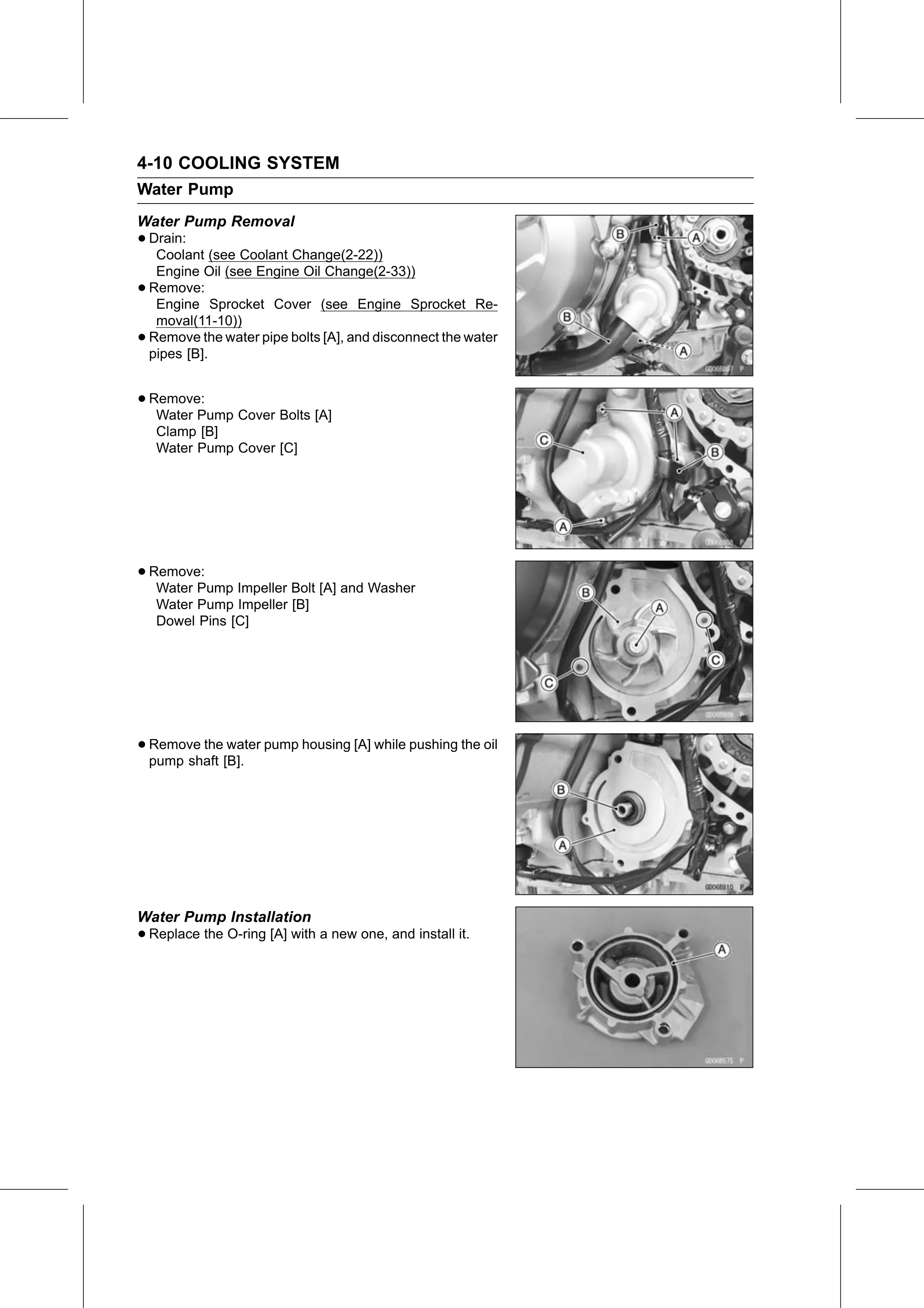 Service Manual (KLZ1000C) page 156 — Cooling System › Water Pump Installation