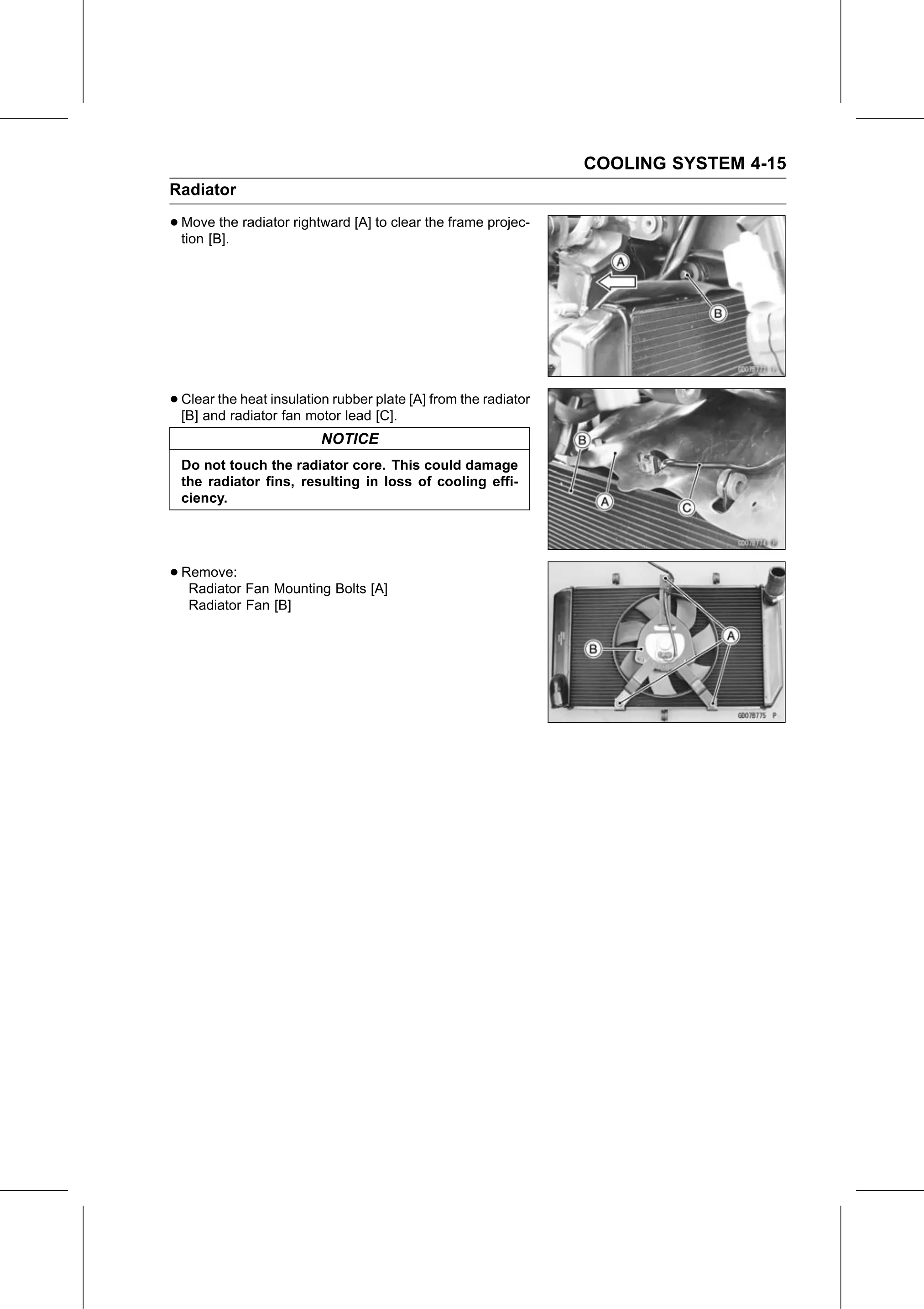 Service Manual (KLZ1000C) page 161 — Cooling System › Radiator and Radiator Fan Removal