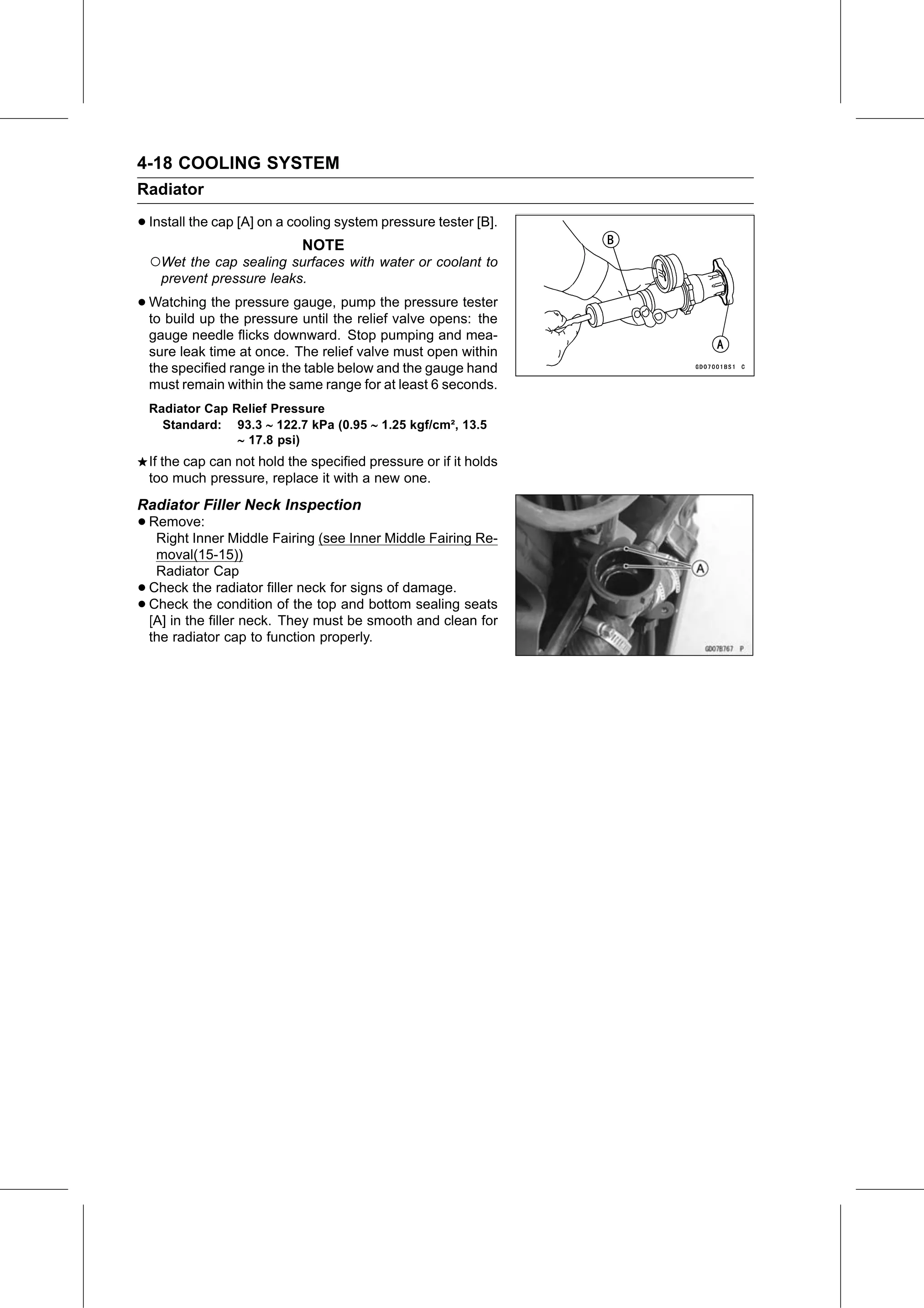Service Manual (KLZ1000C) page 164 — Cooling System › Radiator Filler Neck Inspection