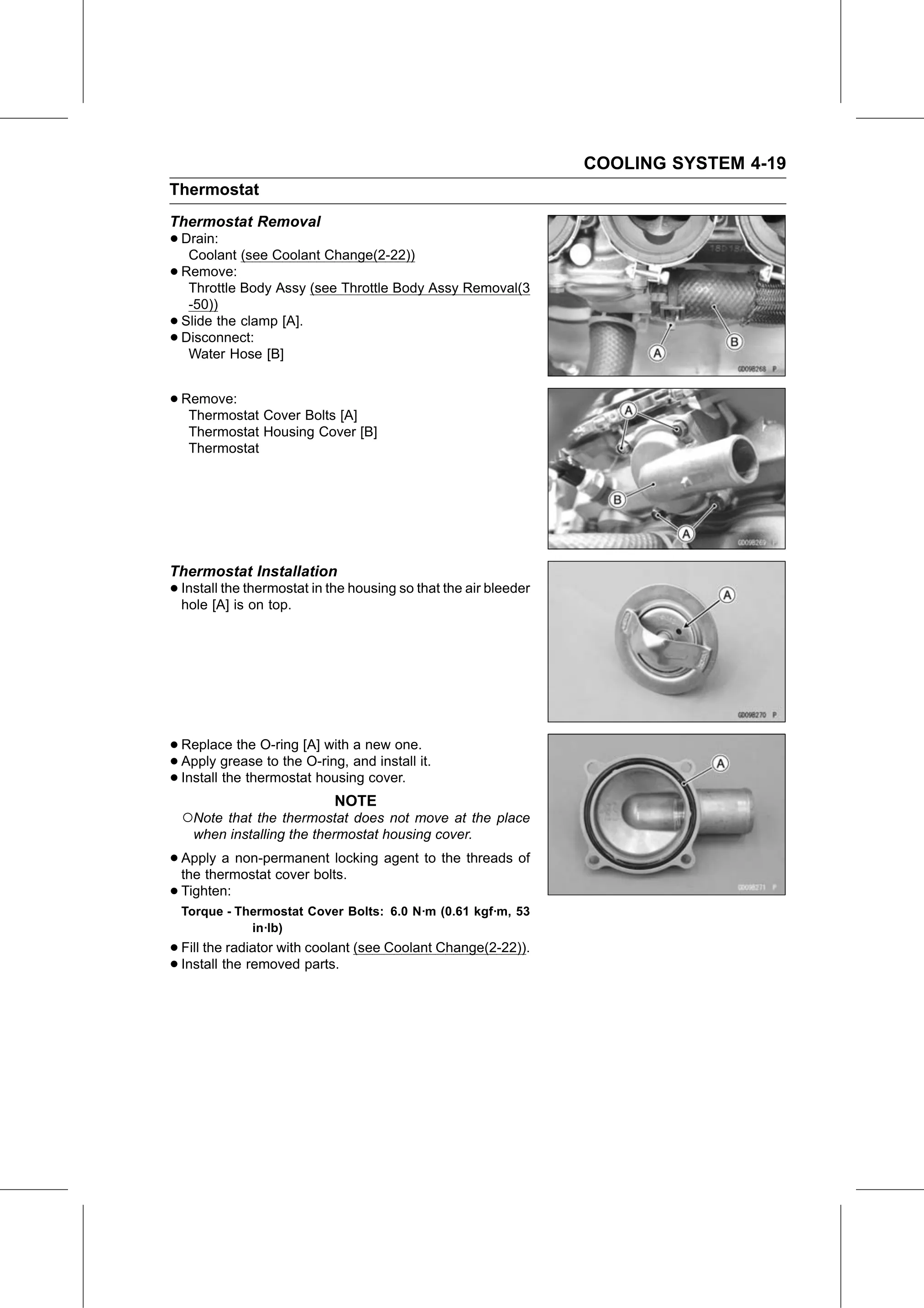 Service Manual (KLZ1000C) page 165 — Cooling System › Thermostat Installation