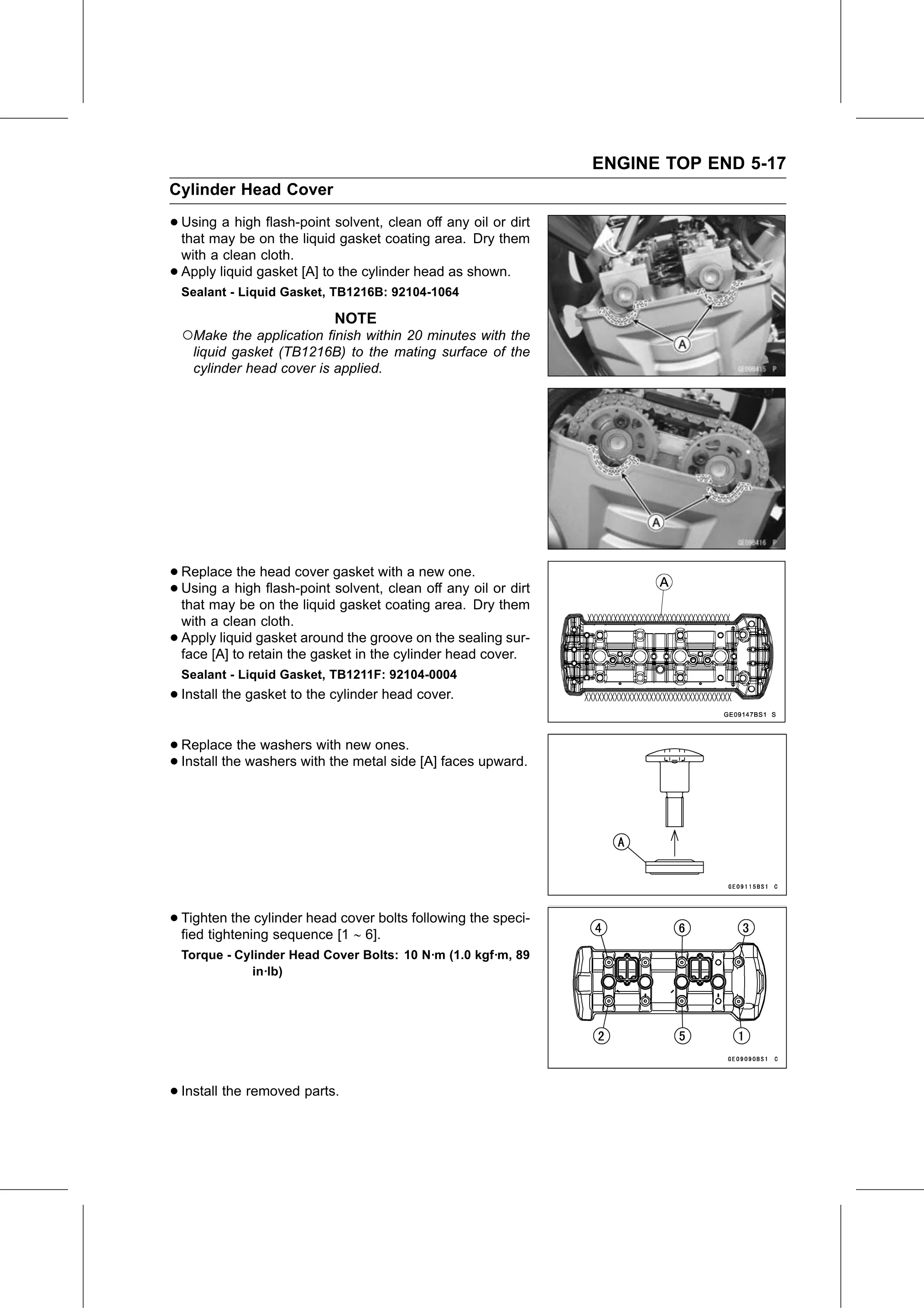 Service Manual (KLZ1000C) page 185 — Engine Top End › Cylinder Head Cover Installation