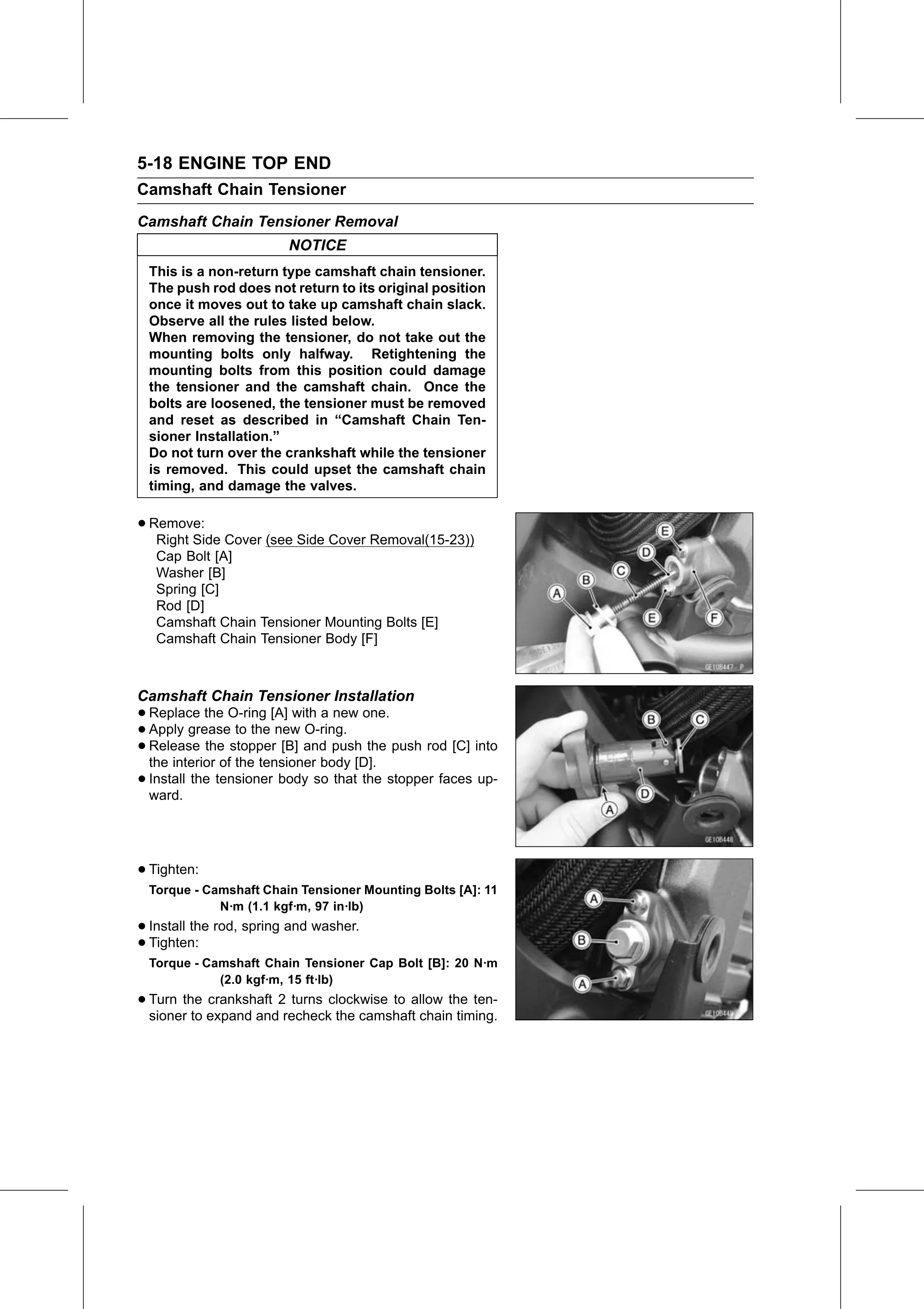 Service Manual (KLZ1000C) page 186 — Engine Top End › Camshaft Chain Tensioner Installation