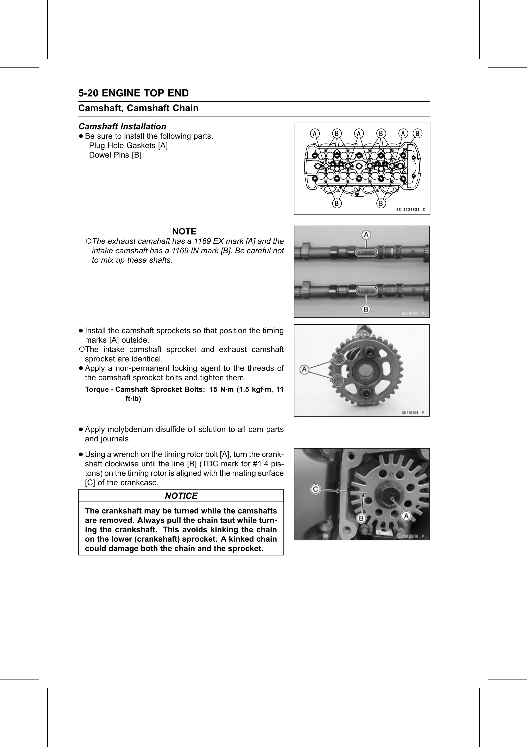 Service Manual (KLZ1000C) page 188 — Engine Top End › Camshaft Installation