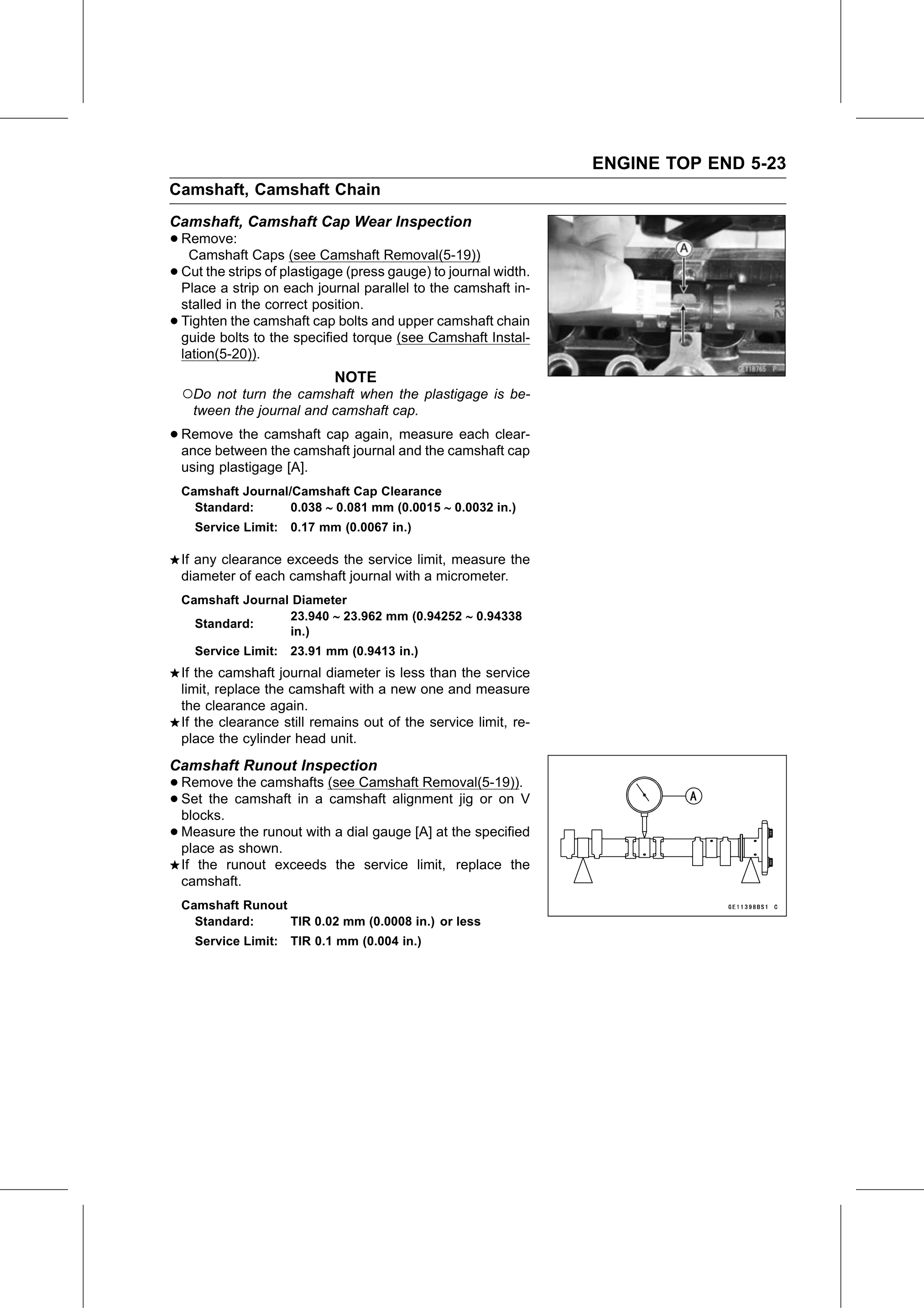 Service Manual (KLZ1000C) page 191 — Engine Top End › Camshaft Runout Inspection