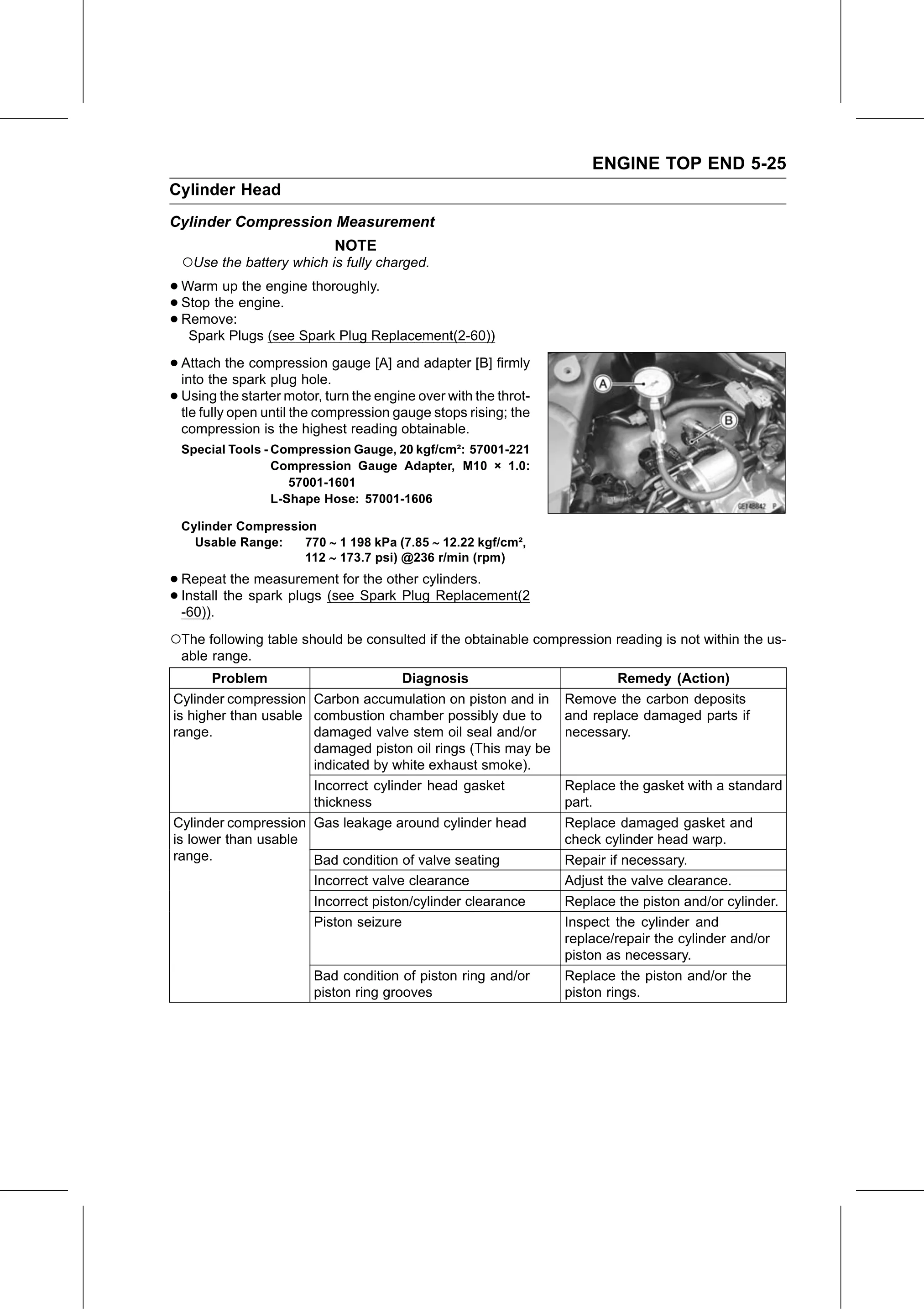 Service Manual (KLZ1000C) page 193 — Engine Top End › Cylinder Compression Measurement