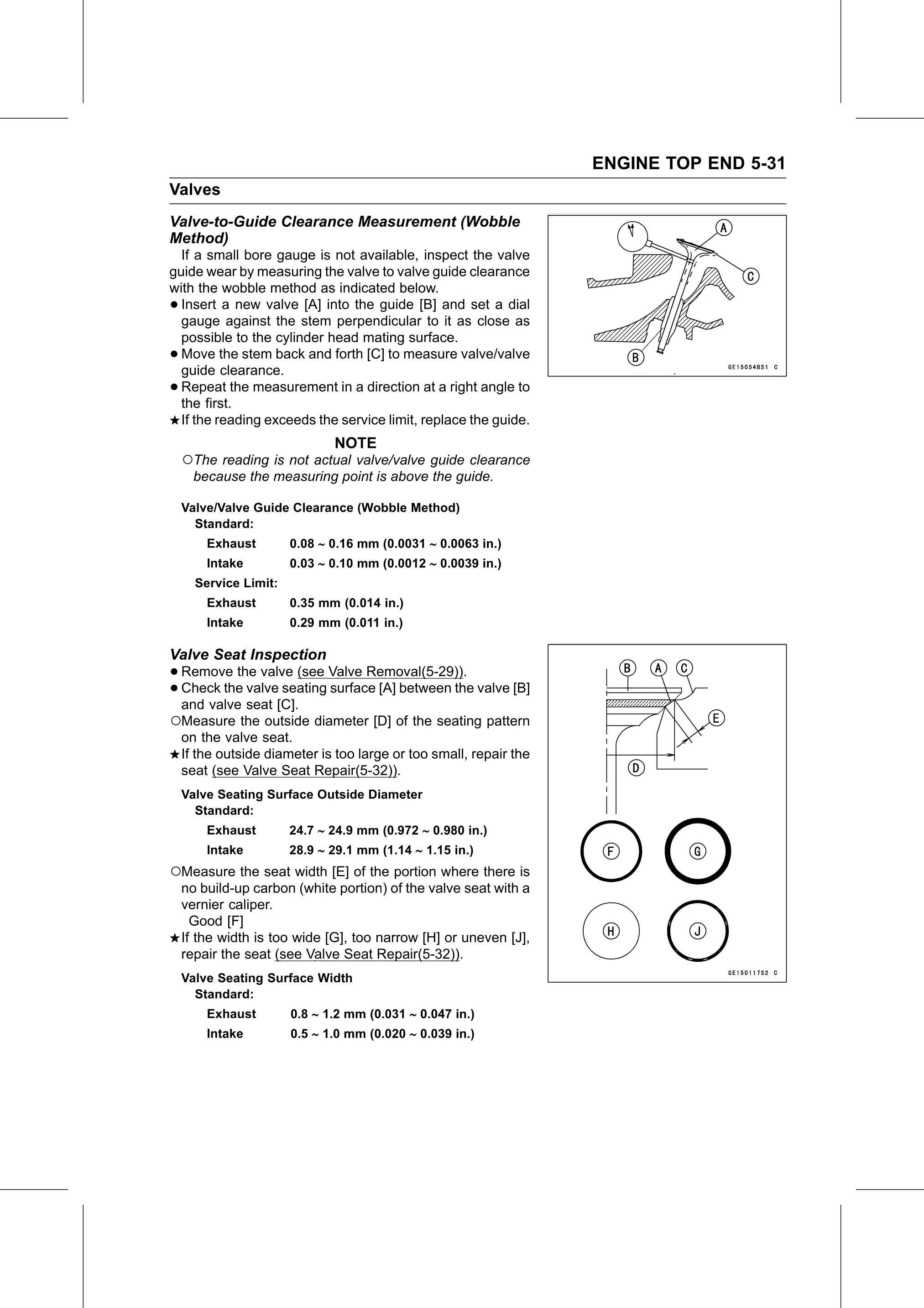 Service Manual (KLZ1000C) page 199 — Engine Top End › Valve Seat Inspection
