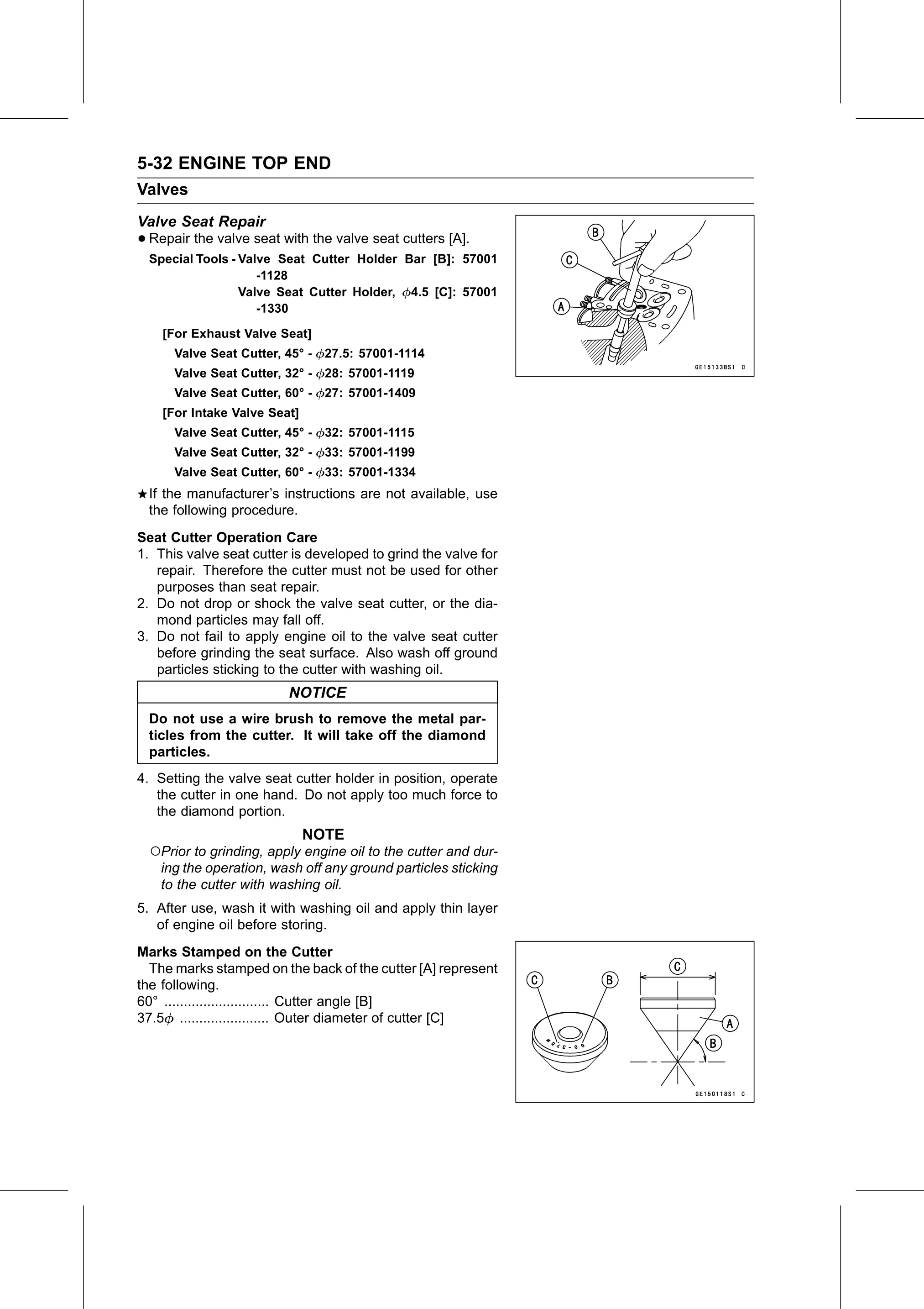 Service Manual (KLZ1000C) page 200 — Engine Top End › Valve Seat Repair