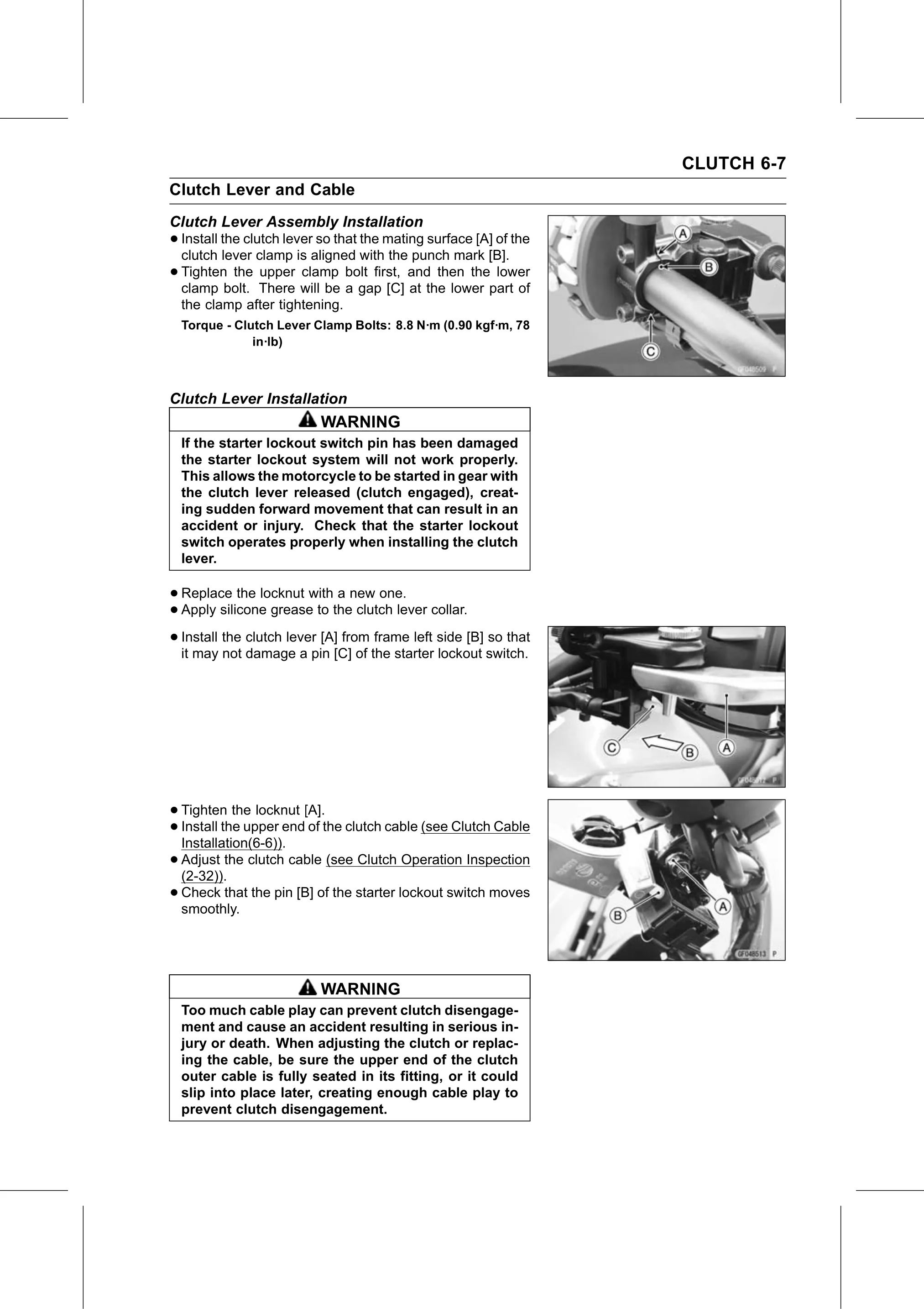 Service Manual (KLZ1000C) page 221 — Clutch › Clutch Lever Installation