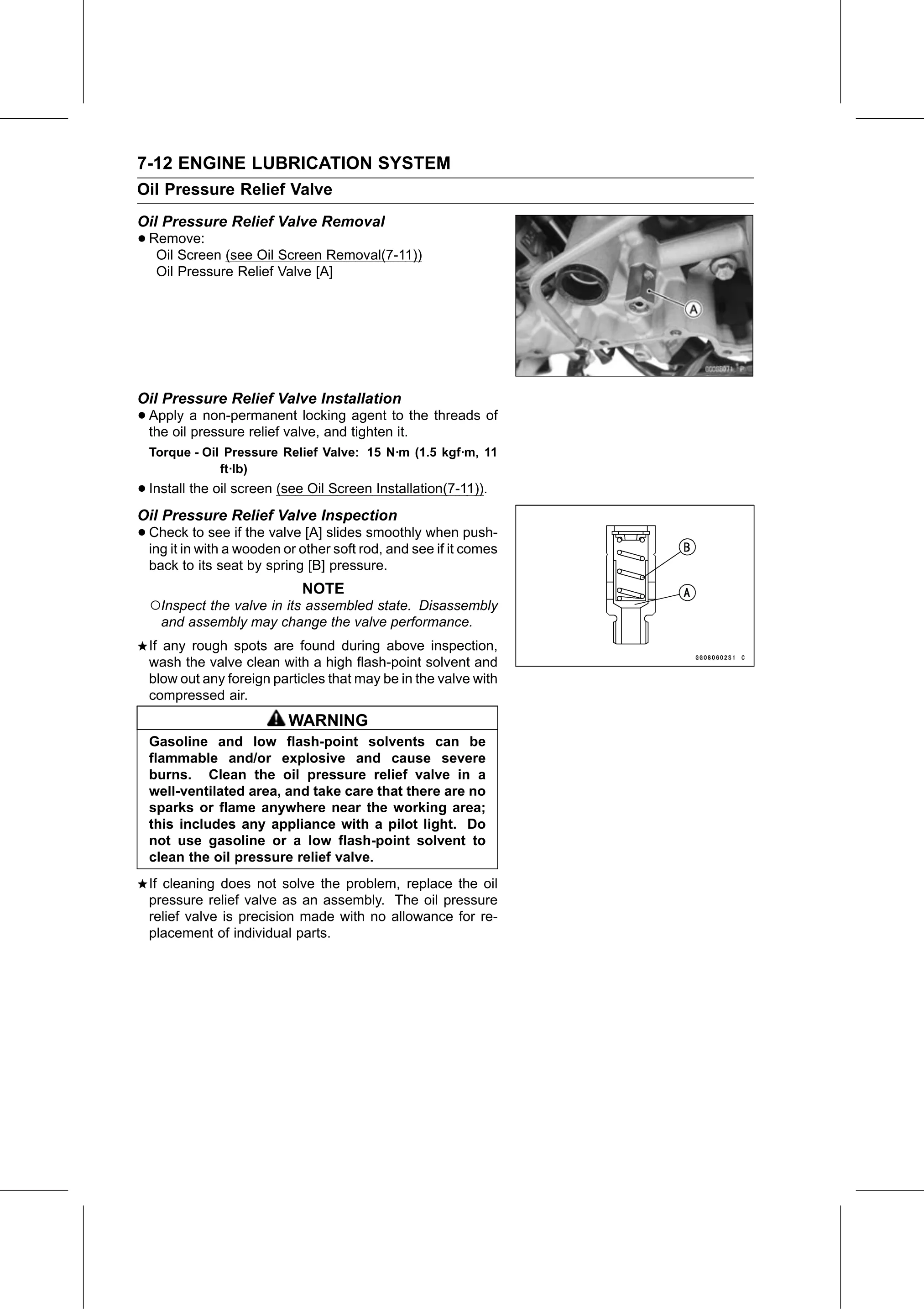 Service Manual (KLZ1000C) page 246 — Engine Lubrication System › Oil Pressure Relief Valve Inspection