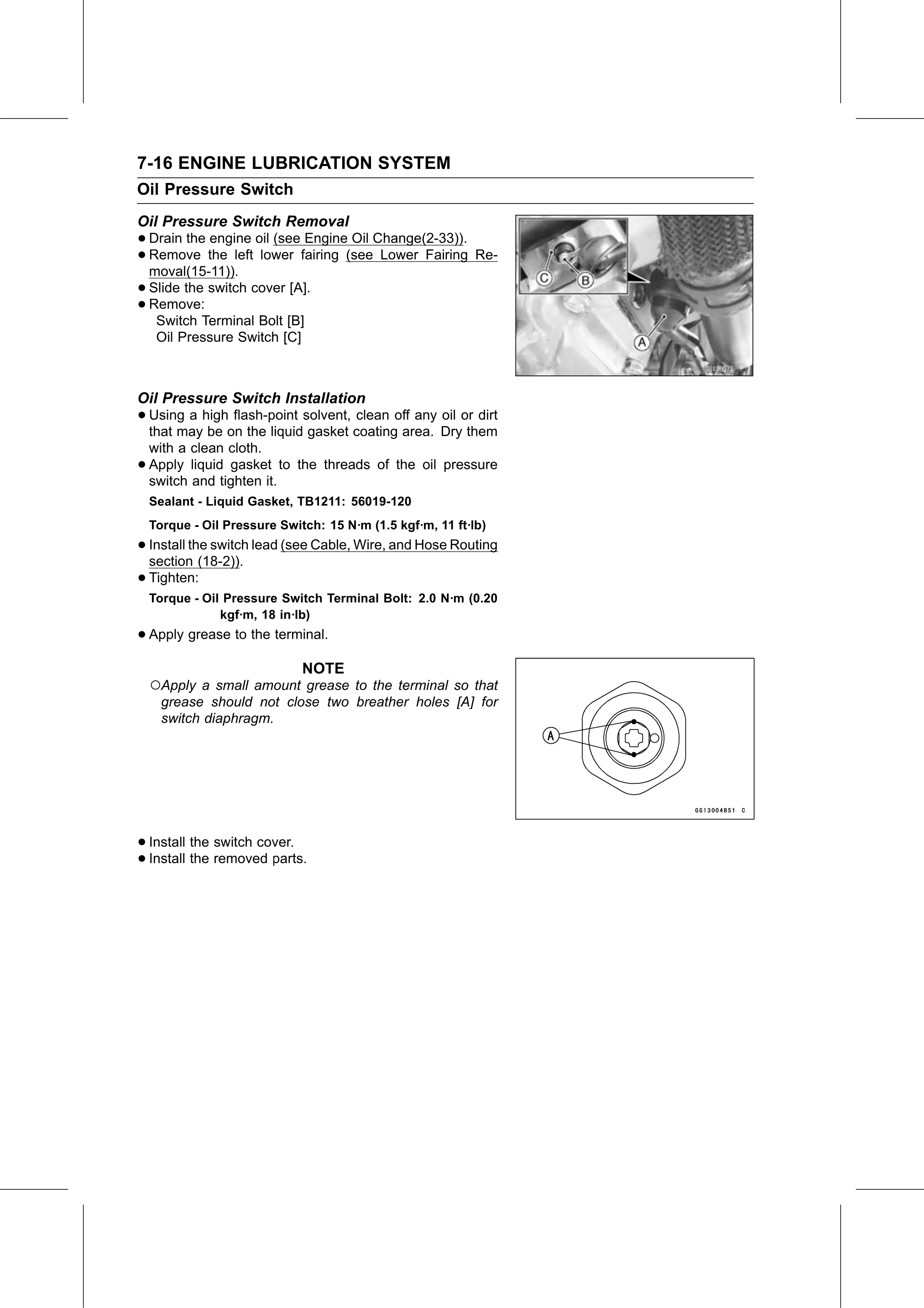 Service Manual (KLZ1000C) page 250 — Engine Lubrication System › Oil Pressure Switch Installation