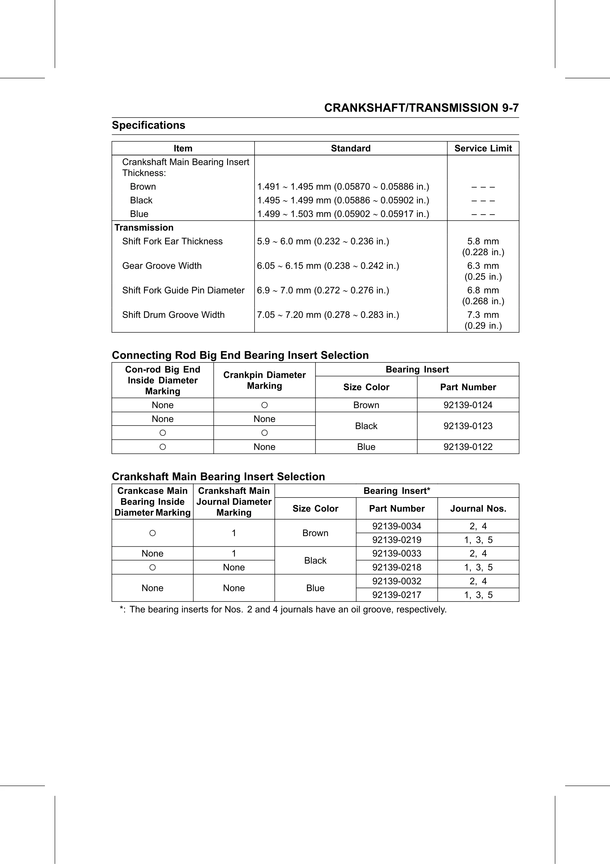 Service Manual (KLZ1000C) page 271 — Crankshaft/Transmission › Specifications