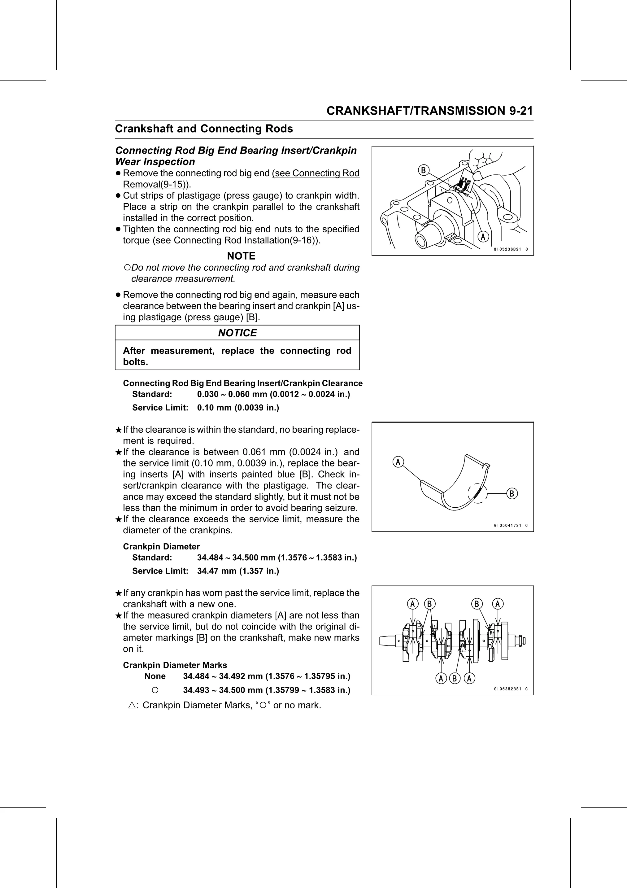 Service Manual (KLZ1000C) page 285 — Crankshaft/Transmission › Connecting Rod Big End Bearing Insert/Crankpin Wear Inspection