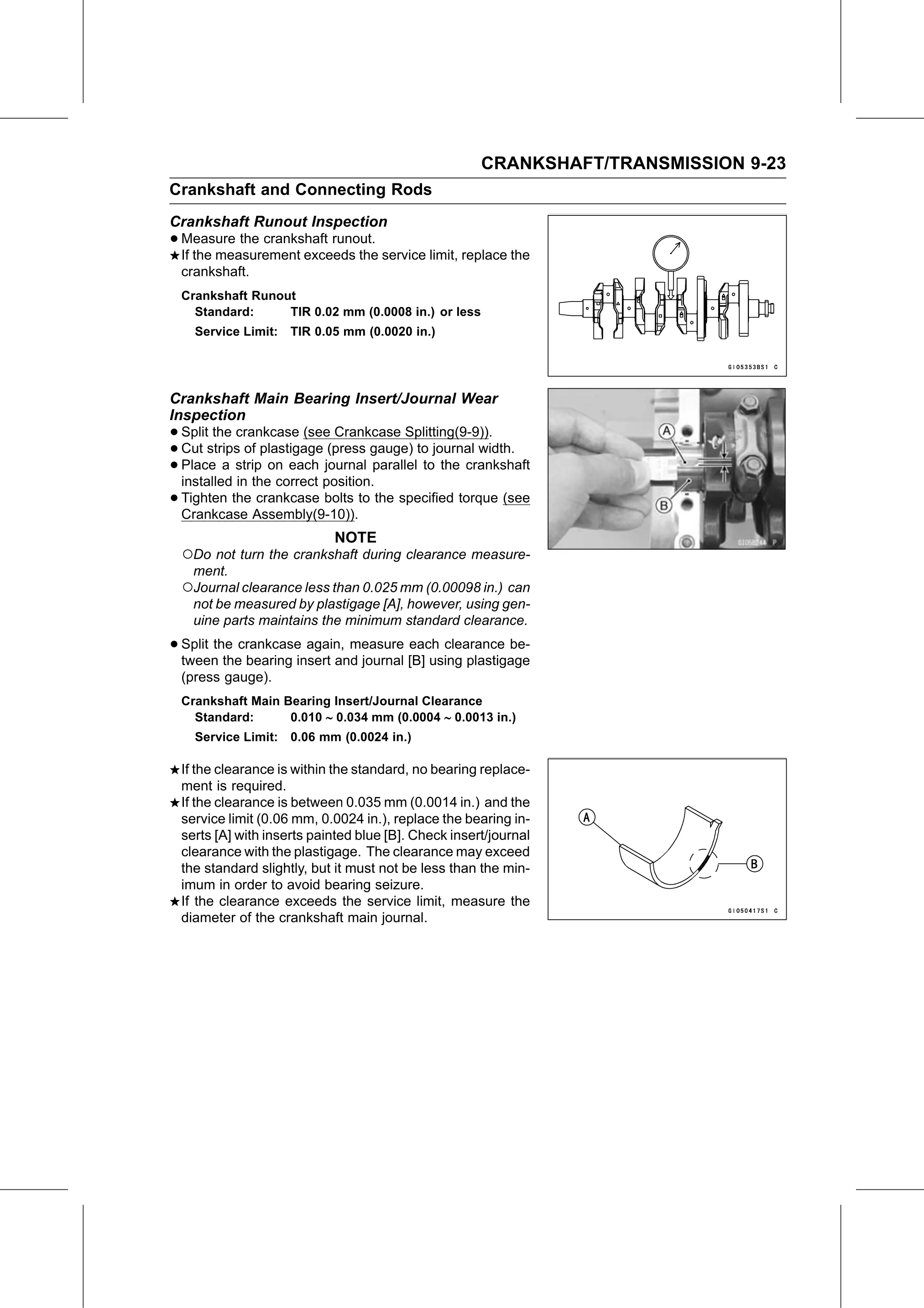 Service Manual (KLZ1000C) page 287 — Crankshaft/Transmission › Crankshaft Main Bearing Insert/Journal Wear Inspection