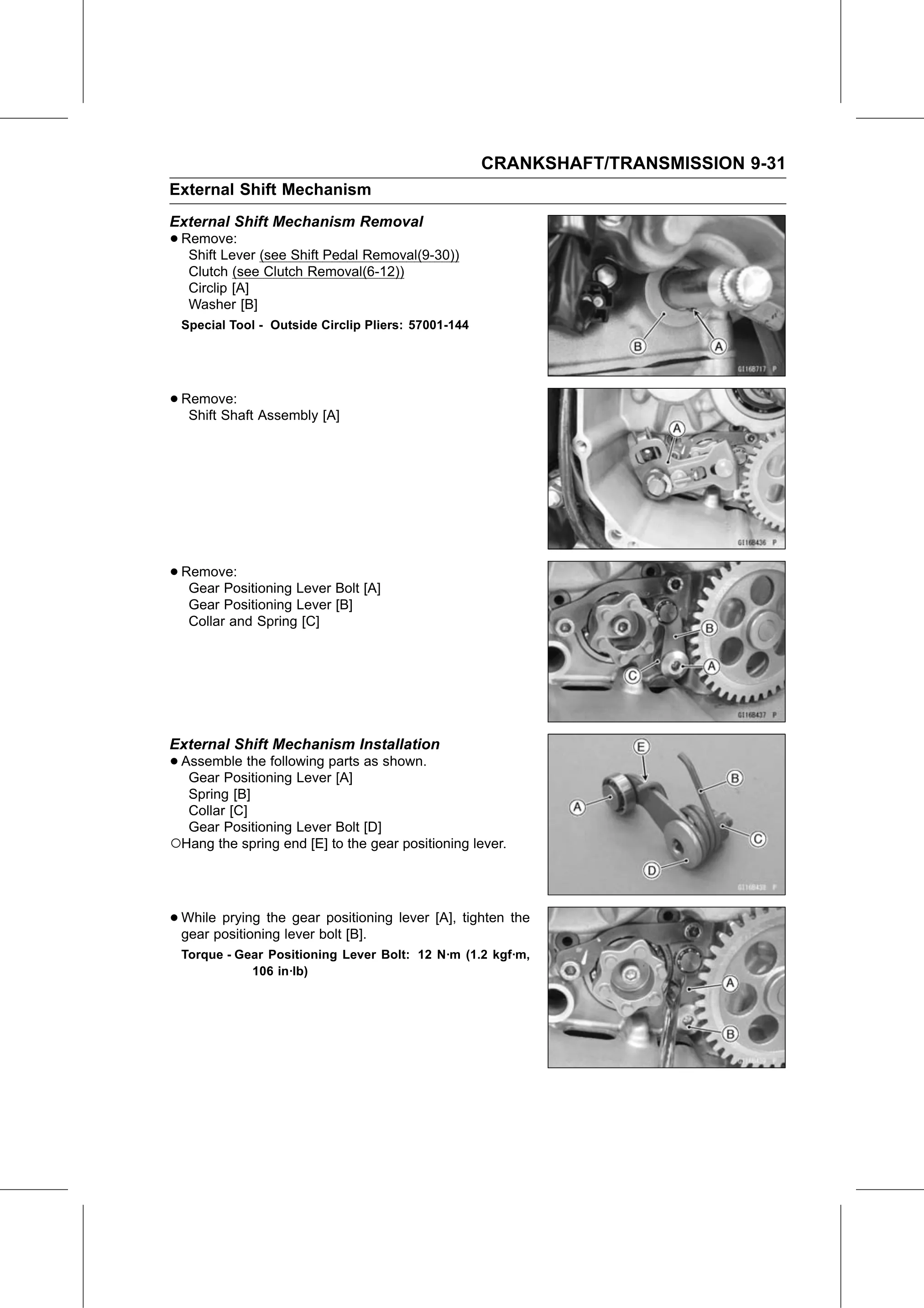 Service Manual (KLZ1000C) page 295 — Crankshaft/Transmission › External Shift Mechanism Installation