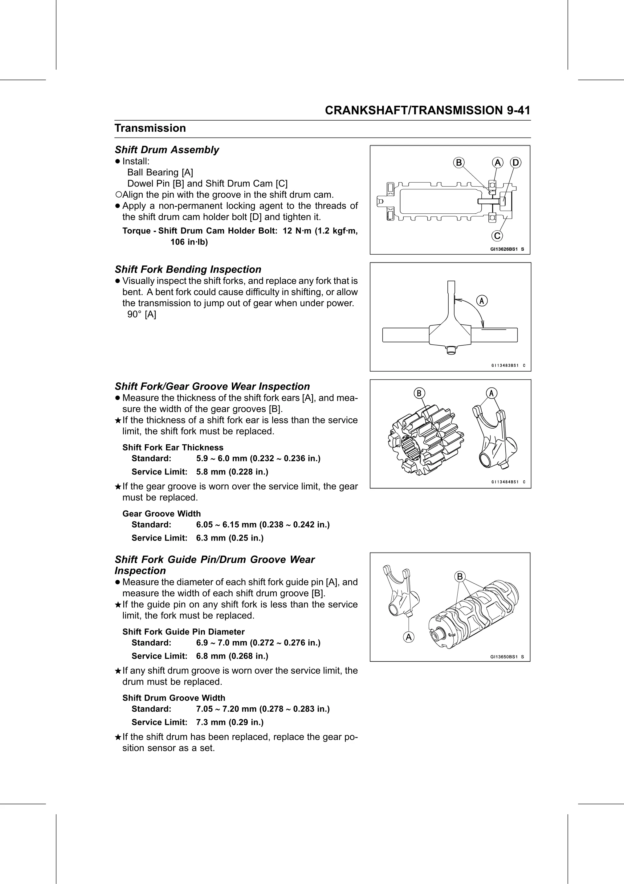 Service Manual (KLZ1000C) page 305 — Crankshaft/Transmission › Shift Fork Guide Pin/Drum Groove Wear Inspection