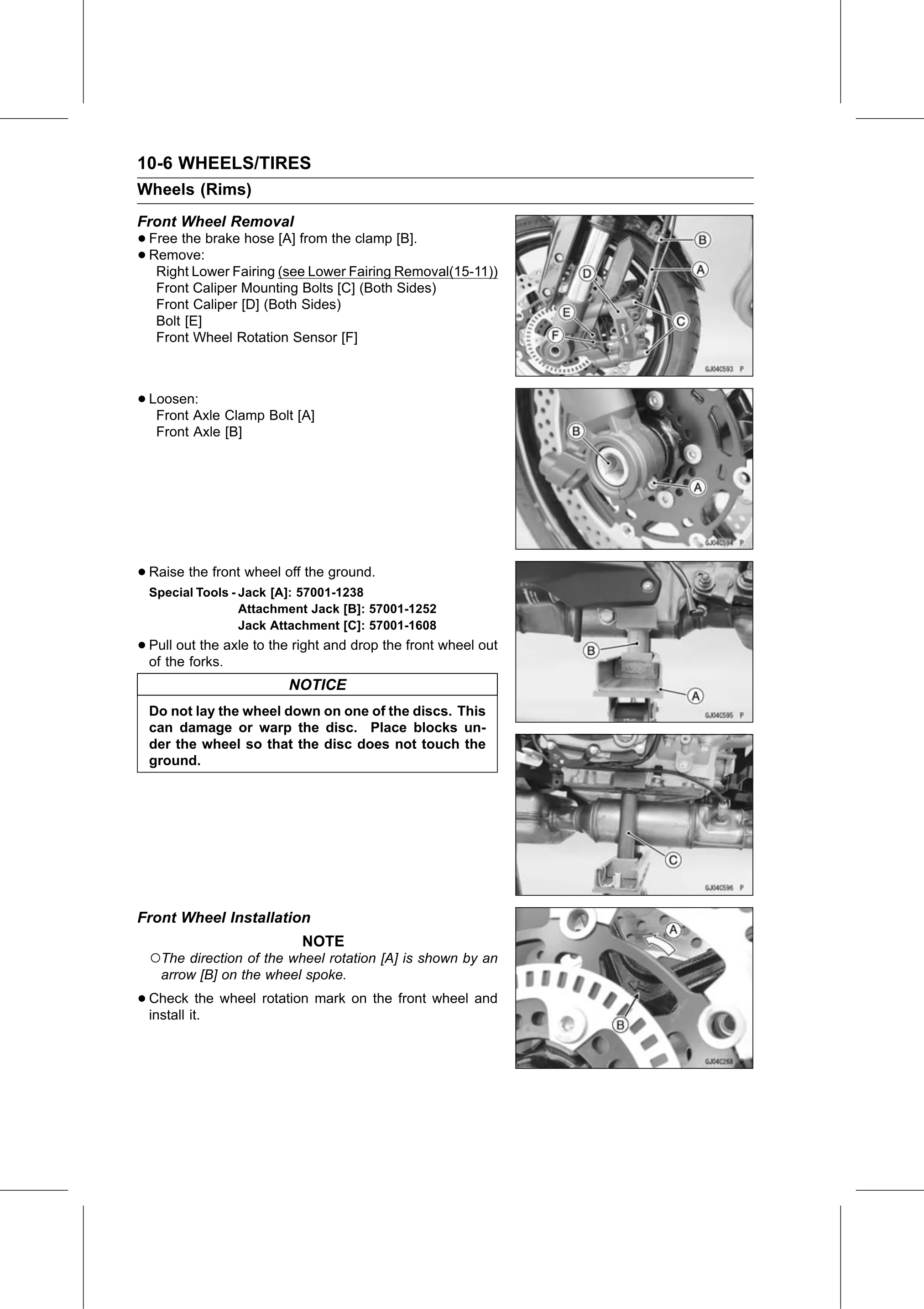 Service Manual (KLZ1000C) page 314 — Wheels/Tires › Front Wheel Installation