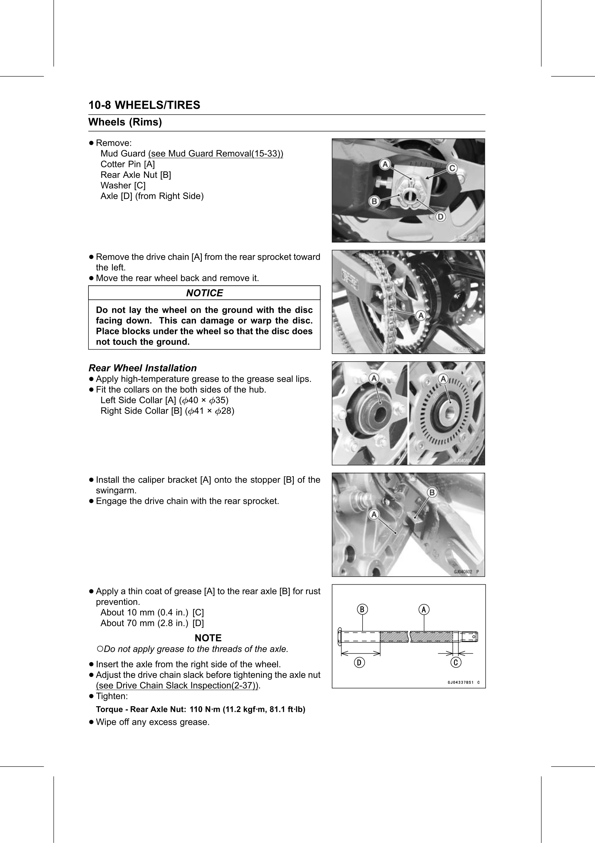 Service Manual (KLZ1000C) page 316 — Wheels/Tires › Rear Wheel Installation