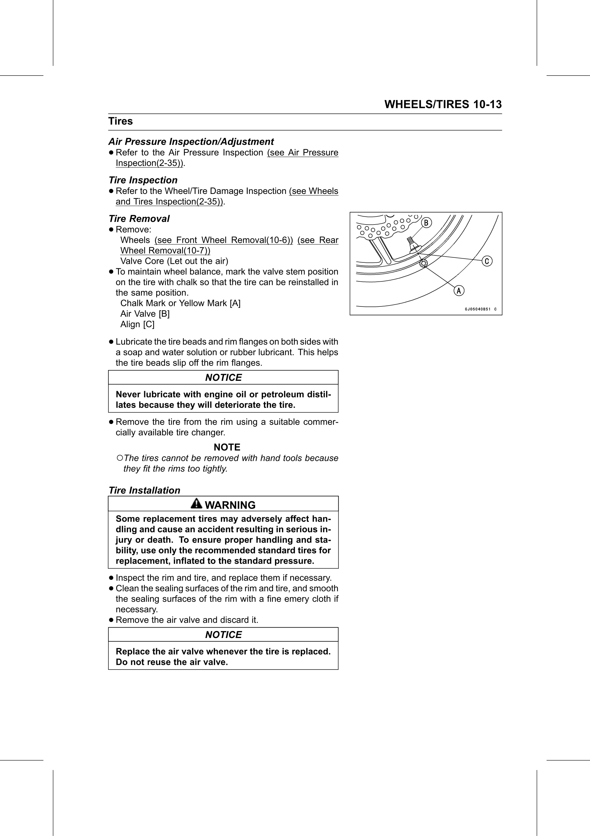 Service Manual (KLZ1000C) page 321 — Wheels/Tires › Tire Installation