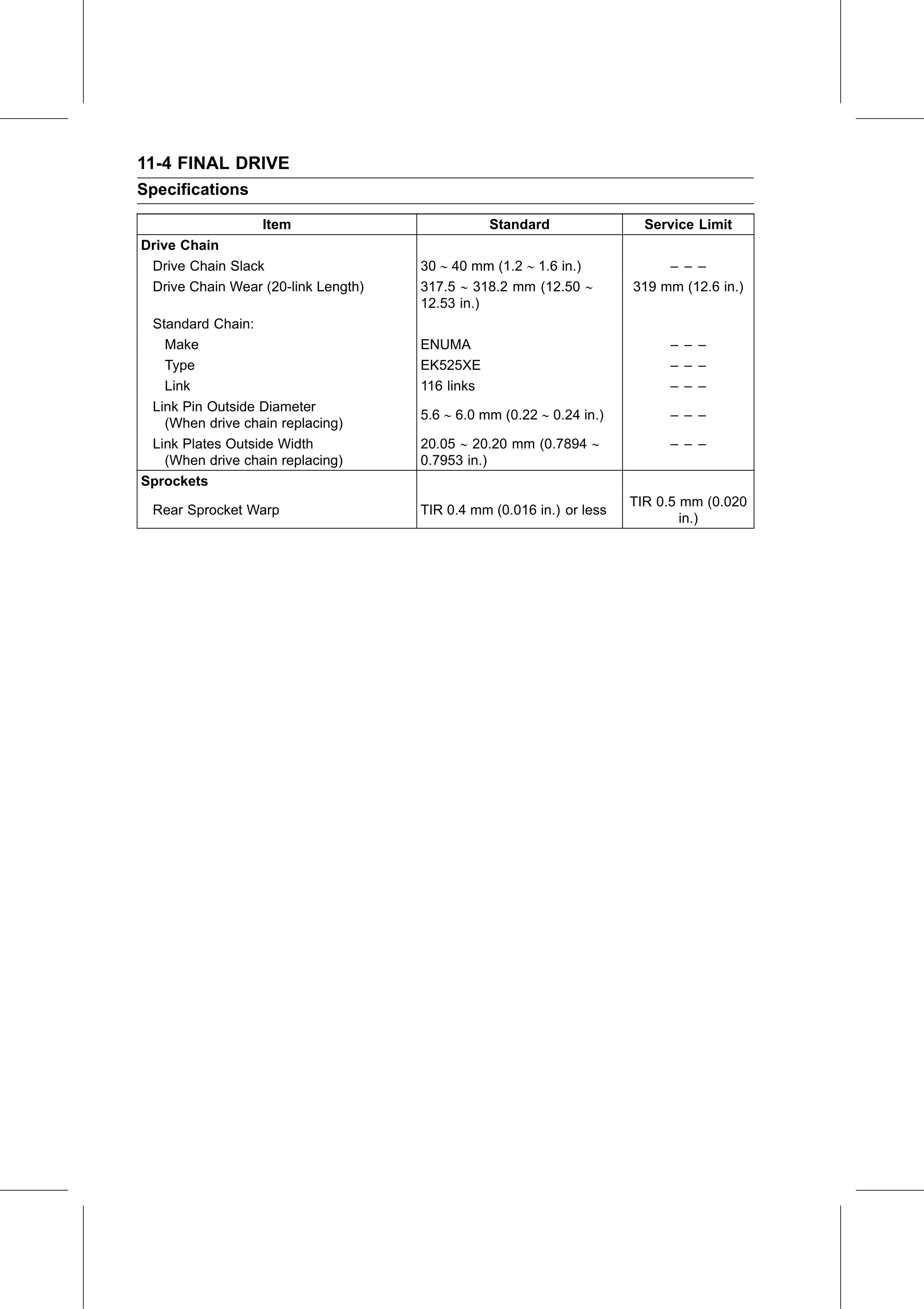 Service Manual (KLZ1000C) page 330 — Final Drive › Specifications