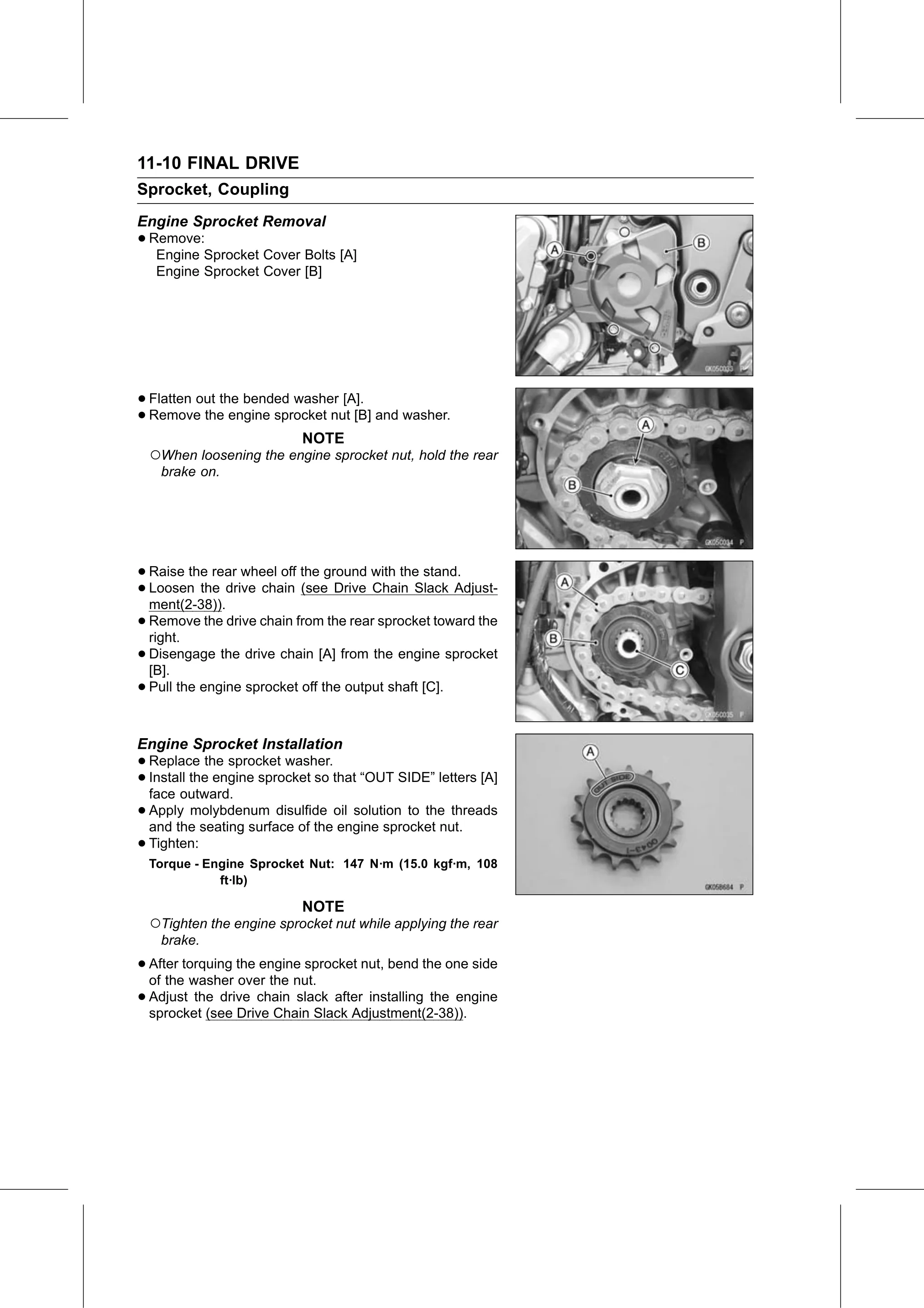 Service Manual (KLZ1000C) page 336 — Final Drive › Engine Sprocket Installation