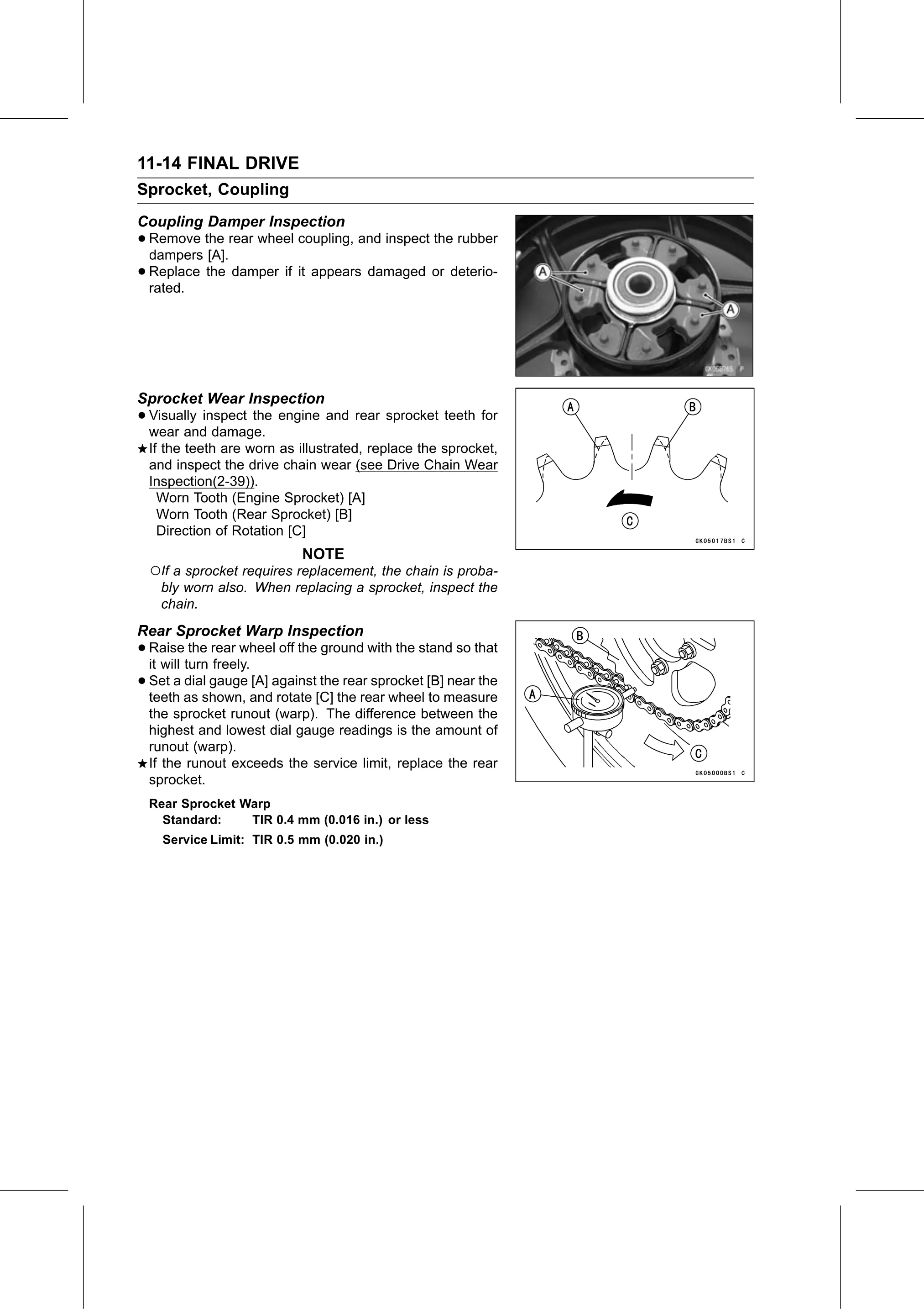 Service Manual (KLZ1000C) page 340 — Final Drive › Rear Sprocket Warp Inspection