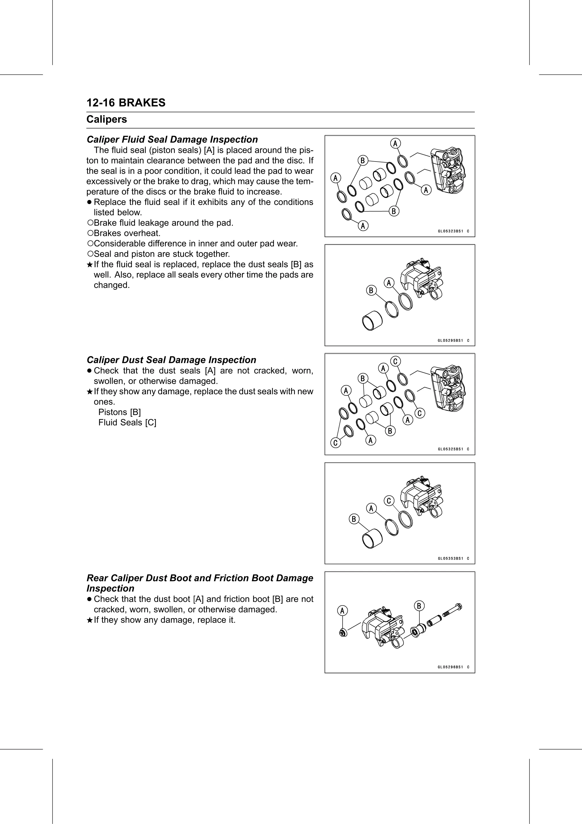 Service Manual (KLZ1000C) page 356 — Brakes › Rear Caliper Dust Boot and Friction Boot Damage Inspection