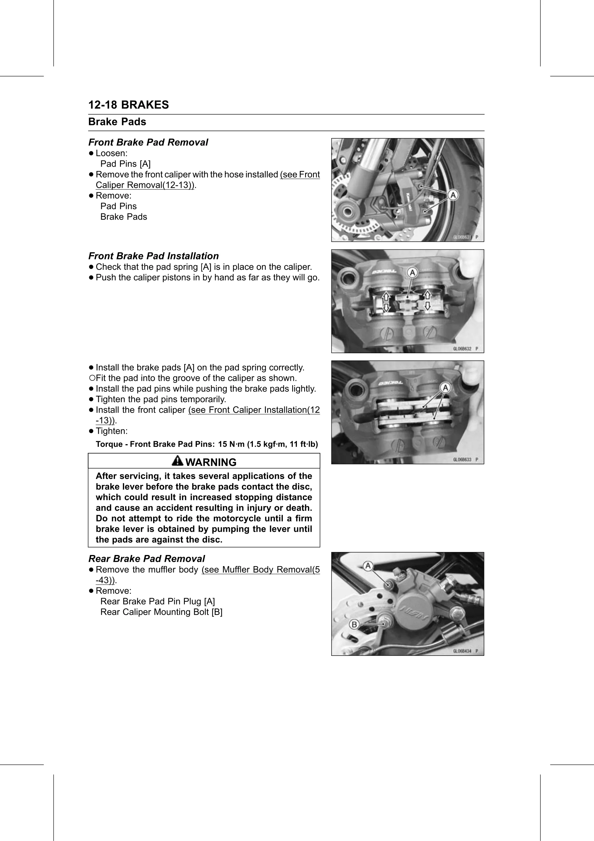 Service Manual (KLZ1000C) page 358 — Brakes › Rear Brake Pad Removal
