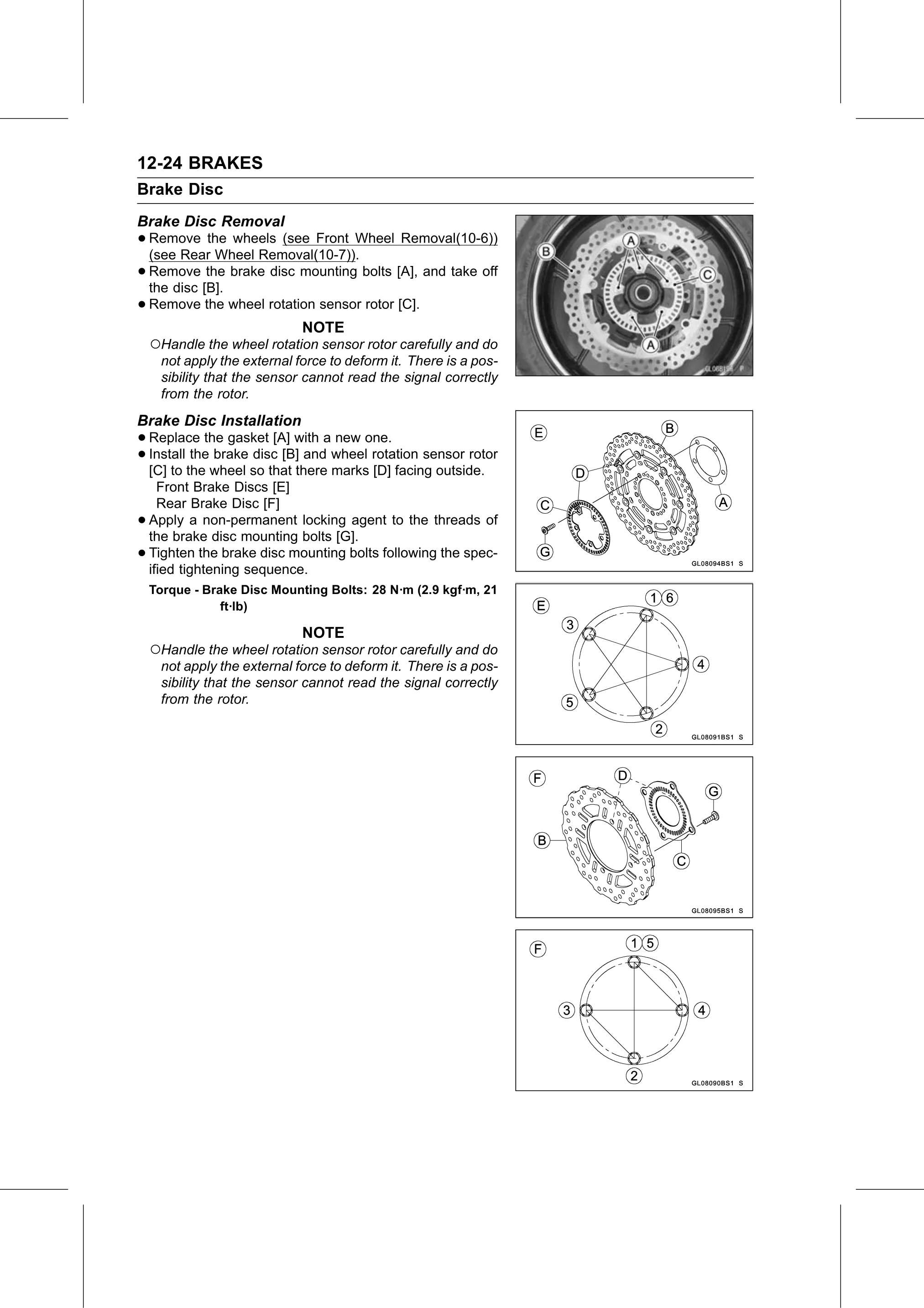 Service Manual (KLZ1000C) page 364 — Brakes › Brake Disc Installation